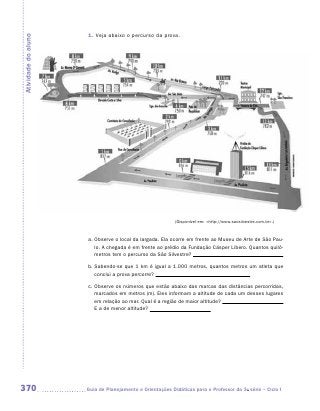1.	 Veja abaixo o percurso da prova.
Atividade do aluno




                                                           (Disponível em: http://www.saosilvestre.com.br.)



                      a.	Observe o local da largada. Ela ocorre em frente ao Museu de Arte de São Pau-
                         lo. A chegada é em frente ao prédio da Fundação Cásper Líbero. Quantos quilô-
                         metros tem o percurso da São Silvestre?

                      b.	Sabendo-se que 1 km é igual a 1.000 metros, quantos metros um atleta que
                         conclui a prova percorre?

                      c.	Observe os números que estão abaixo das marcas das distâncias percorridas,
                         marcados em metros (m). Eles informam a altitude de cada um desses lugares
                         em relação ao mar. Qual é a região de maior altitude?
                         E a de menor altitude?




370                  	Guia de Planejamento e Orientações Didáticas para o Professor da 3a série – Ciclo I
 