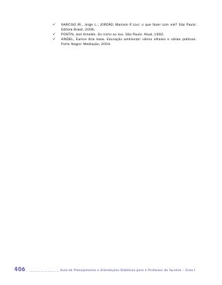	    NARCISO JR., Jorge L.; JORDÃO, Marcelo P Lixo: o que fazer com ele? São Paulo:
                                                      .
            Editora Brasil, 2006.
      	    PONTIN, Joel Arnaldo. Do nicho ao lixo. São Paulo: Atual, 1992.
      	    KINDEL, Eunice Aita Isaia. Educação ambiental: vários olhares e várias práticas.
            Porto Alegre: Mediação, 2004.




406        	Guia de Planejamento e Orientações Didáticas para o Professor da 3a série – Ciclo I
 