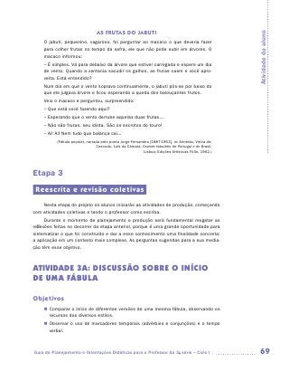 AS FRUTAS DO JABUTI




                                                                                                       Atividade do aluno
     O jabuti, pequenino, vagaroso, foi perguntar ao macaco o que deveria fazer
     para colher frutas no tempo da safra, ele que não pode subir em árvores. O
     macaco informou:
     – É simples. Vá para debaixo da árvore que estiver carregada e espere um dia
     de vento. Quando a ventania sacudir os galhos, as frutas caem e você apro-
     veita. Está entendido?
     Num dia em que o vento soprava continuamente, o jabuti pôs-se por baixo do
     que ele julgava árvore e ficou esperando a queda dos balouçantes frutos.
     Veio o macaco e perguntou, surpreendido:
     – Que está você fazendo aqui?
     – Esperando que o vento derrube aquelas duas frutas...
     – Não são frutas, seu idiota. São os escrotos do touro!
     – Ai! Ai! Nem tudo que balança cai...
           (Fábula popular, narrada pelo poeta Jorge Fernandes [1887-1953], in: Almeida, Vieira de;
                                 Cascudo, Luís da Câmara. Grande fabulário de Portugal e do Brasil.
                                                            Lisboa: Edições Artísticas Fólio, 1962.)




Etapa 3
 Reescrita e revisão coletivas
    Nesta etapa do projeto os alunos iniciarão as atividades de produção, começando
com atividades coletivas e tendo o professor como escriba.
      Durante o momento de planejamento e produção será fundamental resgatar as
reflexões feitas no decorrer da etapa anterior, porque é uma grande oportunidade para
sistematizar o que foi construído e dar a esse conhecimento uma finalidade concreta:
a aplicação em um contexto mais complexo. As perguntas sugeridas para a sua media-
ção têm esse objetivo.



ATIVIDADE 3A: discussão sobre o início
de uma fábula

Objetivos
    „„ Comparar o início de diferentes versões de uma mesma fábula, observando os
       recursos dos diversos estilos.
    „„ Observar o uso de marcadores temporais (advérbios e conjunções) e o tempo
       verbal.



Guia de Planejamento e Orientações Didáticas para o Professor da 3a série – Ciclo I                     69
 