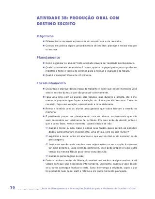 ATIVIDADE 3B: PRODUÇÃO ORAL COM
     DESTINO ESCRITO

     Objetivos
        „„ Diferenciar os recursos expressivos do reconto oral e da reescrita.
        „„ Colocar em prática alguns procedimentos de escritor: planejar e revisar enquan-
           to escreve.


     Planejamento
        „„ Como organizar os alunos? Esta atividade deverá ser realizada coletivamente.
        „„ Quais os materiais necessários? Lousa, quadro ou papel pardo para o professor
           registrar o texto e tabela de critérios para a revisão e avaliação da fábula.
        „„ Qual é a duração? Cerca de 40 minutos.


     Encaminhamento
        „„ Esclareça o objetivo dessa etapa do trabalho e avise que nesse momento você
           será o escriba do texto que vão produzir coletivamente.
        „„ Faça uma lista, com os alunos, das fábulas lidas durante o projeto, até o mo-
           mento, e proponha que façam a seleção da fábula que irão recontar. Caso ne-
           cessário, faça uma votação, aproveitando a lista elaborada.
        „„ Releia a história com os alunos para garantir que todos tenham o enredo na
           memória.
        „„ É pertinente propor um planejamento com os alunos, esclarecendo que não
           será necessário ser totalmente fiel à fábula. Por isso terão de decidir juntos o
           que e como fazer. Nesse momento, caberá decidir se irão:
          JJ mudar a moral ou não. Caso a opção seja mudar, quais seriam as possibili-
             dades: apresentar um ensinamento, uma crítica, com ou sem humor?
          JJ explicitar a moral, onde irá aparecer e que voz irá dizê-la (do narrador ou da
             personagem);
          JJ fazer uma versão mais concisa, sem adjetivações ou se a opção é apresen-
             tar mais detalhes. Caso entenda pertinente, você pode propor ler uma outra
             versão da mesma fábula para tomar essa decisão;
          JJ mudar as personagens ou não.
        „„ Dado o caráter conciso da fábula, é possível que vocês consigam realizar a ati-
           vidade sem que seja necessário interrompê-la. Entretanto, caberá a você decidir
           se a turma consegue finalizar o texto. Caso interrompa a atividade, copie o que
           foi produzido num papel kraft e retome-a em outro momento planejado.




72     	Guia de Planejamento e Orientações Didáticas para o Professor da 3a série – Ciclo I
 