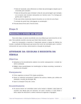 JJ falta de travessão, para diferenciar as falas das personagens daquilo que é
          enunciado pelo narrador;
       JJ falta de dois-pontos para introduzir a fala de uma personagem (por exemplo,
          se os alunos não incluíram dois-pontos em trechos como “E a formiga per-
          guntou para a cigarra:”);
       JJ não usar letras maiúsculas depois de pontos ou no início de uma frase;
       JJ omissão do ponto final, interrogação ou exclamação.
     „„ Proceda dessa forma até o final do texto.



Etapa 5
 Reescrita e revisão em duplas
     Para esta etapa, os alunos escolherão uma nova fábula que será reescrita em du-
plas. Eles poderão escolher uma das que foram lidas durante o projeto.
      Antes de começarem a reescrita, é importante retomar a tabela de critérios de
revisão e avaliação da fábula para que possa lhes servir de orientação para o automo-
nitoramento de suas escritas, ainda durante a situação de produção.



ATIVIDADE 5A: ESCOLHA E REESCRITA DA
FÁBULA
Objetivos
    „„ Apropriar-se de procedimentos próprios da escrita: planejamento e revisão du-
       rante a produção.
    „„ Refletir sobre possibilidades de modificações na fábula escolhida, mantendo a
       coerência da situação.


Planejamento
    „„ Como organizar os alunos? Em duplas produtivas.
    „„ Quais os materiais necessários? Caderno dos alunos e tabela com critérios de
       avaliação e revisão (da Atividade 3B).
    „„ Qual é a duração? Cerca de 1 hora.


Encaminhamento
    „„ Os alunos devem ser orientados sobre como realizar o trabalho: cada dupla irá
       escolher uma fábula para ser reescrita. Um será o escriba e o outro ditará o
       texto, depois de discutirem a melhor maneira de organizar a linguagem.



Guia de Planejamento e Orientações Didáticas para o Professor da 3a série – Ciclo I     81
 