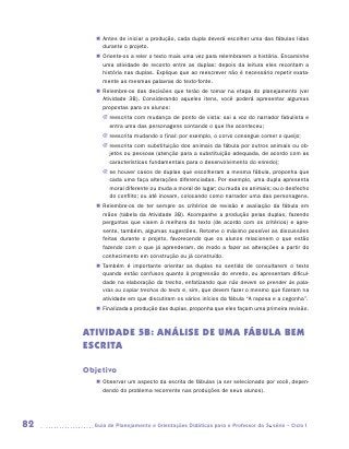 „„ Antes de iniciar a produção, cada dupla deverá escolher uma das fábulas lidas
           durante o projeto.
        „„ Oriente-os a reler o texto mais uma vez para relembrarem a história. Encaminhe
           uma atividade de reconto entre as duplas: depois da leitura eles recontam a
           história nas duplas. Explique que ao reescrever não é necessário repetir exata-
           mente as mesmas palavras do texto-fonte.
        „„ Relembre-os das decisões que terão de tomar na etapa do planejamento (ver
           Atividade 3B). Considerando aqueles itens, você poderá apresentar algumas
           propostas para os alunos:
          JJ reescrita com mudança de ponto de vista: sai a voz do narrador fabulista e
             entra uma das personagens contando o que lhe aconteceu;
          JJ reescrita mudando o final: por exemplo, o corvo consegue comer o queijo;
          JJ reescrita com substituição dos animais da fábula por outros animais ou ob-
             jetos ou pessoas (atenção para a substituição adequada, de acordo com as
             características fundamentais para o desenvolvimento do enredo);
          JJ se houver casos de duplas que escolheram a mesma fábula, proponha que
             cada uma faça alterações diferenciadas. Por exemplo, uma dupla apresenta
             moral diferente ou muda a moral de lugar; ou muda os animais; ou o desfecho
             do conflito; ou até inovam, colocando como narrador uma das personagens.
        „„ Relembre-os de ter sempre os critérios de revisão e avaliação da fábula em
           mãos (tabela da Atividade 3B). Acompanhe a produção pelas duplas, fazendo
           perguntas que visem à melhora do texto (de acordo com os critérios) e apre-
           sente, também, algumas sugestões. Retome o máximo possível as discussões
           feitas durante o projeto, favorecendo que os alunos relacionem o que estão
           fazendo com o que já aprenderam, de modo a fazer as alterações a partir do
           conhecimento em construção ou já construído.
        „„ Também é importante orientar as duplas no sentido de consultarem o texto
           quando estão confusos quanto à progressão do enredo, ou apresentam dificul-
           dade na elaboração do trecho, enfatizando que não devem se prender às pala-
           vras ou copiar trechos do texto e, sim, que devem fazer o mesmo que fizeram na
           atividade em que discutiram os vários inícios da fábula “A raposa e a cegonha”.
        „„ Finalizada a produção das duplas, proponha que eles façam uma primeira revisão.



     ATIVIDADE 5b: ANÁLISE DE UMA FÁBULA bem
     escrita

     Objetivo
        „„ Observar um aspecto da escrita de fábulas (a ser selecionado por você, depen-
           dendo do problema recorrente nas produções de seus alunos).




82     	Guia de Planejamento e Orientações Didáticas para o Professor da 3a série – Ciclo I
 