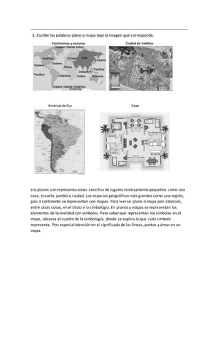 ________________________________________________________________________________________
Los planos son representaciones sencillas de lugares relativamente pequeños como una
casa, escuela, pueblo o ciudad. Los espacios geográficos más grandes como una región,
país o continente se representan con mapas. Para leer un plano o mapa pon atención,
entre otras cosas, en el título y la simbología. En planos y mapas se representan los
elementos de la realidad con símbolos. Para saber qué representan los símbolos en el
mapa, observa el cuadro de la simbología, donde se explica lo que cada símbolo
representa. Pon especial atención en el significado de las líneas, puntos y áreas en un
mapa.
 