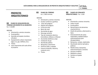 GUÍA GENERAL PARA LA REALIZACION DE UN PROYECTO ARQUITECTONICO Y EJECUTIVO       I.T.N.L.
                                                                                                           C. TIERRA


      PROYECTO                            A-2   PLANO DEL TERRENO
                                                Esc. 1:500 mínimas.
                                                                                     A-3  PLANTA DE CONJUNTO
                                                                                     ARQUITECTONICA Esc. 1:250
      ARQUITECTONICO
                                          INDICAR:
                                             • Orientación y vientos reinantes.      INDICAR:
                                             • Escalas numéricas y graficas.            • Orientación y vientos reinantes.
A-1 PLANO DE LOCALIZACION DEL                • Cotas del polígono                       • Indicar escala
TERRENO CON RESPECTO AL MUNICIPIO.           • Ángulos del polígono                     • Escala grafica
Esc. 1:10,000                                • Curvas de nivel                          • Nomenclatura de elementos
                                             • Banco de nivel                              arquitectónicos.
INDICAR:                                                                                • Diseño de jardines, arborización y
                                             • Acometida de agua
   • Orientación y vientos reinantes.                                                      tipos.
                                             • Descarga sanitaria
   • Escala grafica.                                                                    • Estacionamiento de autos.
                                             • Tipo de instalación eléctrica
   • Avenidas principales (nombres                                                         Capacidad y vialidad (Indicar
                                                (monofásico, bifásico y trifásico)
      oficiales).                                                                          estacionamiento para
                                             • Acometida telefónica y tipo
   • Equipamiento urbano importante                                                        discapacitados)
                                             • Instalación de gas
      (agua, luz, gas, teléfono, etc.)                                                  • Banquetas, rampas, explanadas.
                                             • Alumbrado público
   • Títulos                                                                            • Alumbrado exterior (privado y
                                             • Banquetas y pavimento
   • Usos importantes del suelo afines                                                     público)
                                             • Perfil de Calles y vialidad
      al proyecto                                                                       • Niveles (losas, banquetas,
                                             • Entorno (vivienda, industria,
                                                                                           estacionamientos y accesos)
                                                comercio, etc.)
                                                                                        • Accesos al edificio
                                             • Títulos
                                                                                        • Mobiliario urbano
                                                                                        • Sombras arrojadas
                                                                                        • Títulos




                                                                                                                               Página15
 