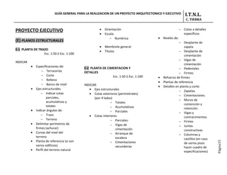 GUÍA GENERAL PARA LA REALIZACION DE UN PROYECTO ARQUITECTONICO Y EJECUTIVO      I.T.N.L.
                                                                                                           C. TIERRA


PROYECTO EJECUTIVO                                     •   Orientación                                 − Cotas a detalles
                                                       •   Escala:                                       específicos
                                                              − Numérica               • Niveles de:
(E) PLANOS ESTRUCTURALES                                                                              − Desplante de
                                                       •   Membrete general                               zapata
E-1 PLANTA DE TRAZO
                                                       •   Títulos                                    − Desplante de
                 Esc. 1:50 ó Esc. 1:100
                                                                                                          cimentación
                                                                                                      − Vigas de
INDICAR
                                                                                                          cimentación
          •   Especificaciones de:           E-2 PLANTA DE CIMENTACION Y                              − Pedestales
                  − Terracerías              DETALLES                                                 − Firmes
                  − Corte                                     Esc. 1:50 ó Esc. 1:100   •   Refuerzo de firmes
                  − Relleno
                                                                                       •   Plantas de referencia
                  − Banco de nivel           INDICAR:                                  •   Detalles en planta y corte:
          •   Ejes estructurales                • Ejes estructurales                                  − Zapatas.
                  − Indicar cotas               • Cotas exteriores (perimetrales)                     − Cimentaciones.
                      parciales,                   (por 4 lados)
                                                                                                      − Muros de
                      acumulativas y                          − Totales
                                                                                                          contención y
                      totales                                 − Acumulativas                              retención.
          •   Indicar ángulos de:                             − Parciales                             − Vigas y
                  − Trazo                       • Cotas interiores                                        contracimientos.
                  − Terreno                                   − Parciales:                            − Firmes
          •   Delimitar perímetros de                         − Vigas de                              − Juntas
              firmes (achurar)                                   cimentación                              constructivas
          •   Curvas del nivel del                            − Arranque de                           − Columnas y
              terreno                                            escalera                                 castillos (en caso
          •   Planta de referencia (si son                    − Cimentaciones




                                                                                                                               Página15
                                                                                                          de varios pisos
              varios edificios)                                  secundarias                              hacer cuadro de
          •   Perfil del terreno natural                                                                  especificaciones)
 