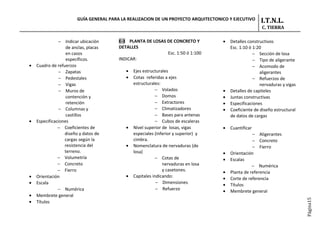 GUÍA GENERAL PARA LA REALIZACION DE UN PROYECTO ARQUITECTONICO Y EJECUTIVO      I.T.N.L.
                                                                                                        C. TIERRA

               − Indicar ubicación       E-3 PLANTA DE LOSAS DE CONCRETO Y           •   Detalles constructivos
                   de anclas, placas     DETALLES                                        Esc. 1:10 ó 1:20
                   en casos                                  Esc. 1:50 ó 1:100                       − Sección de losa
                   específicos.          INDICAR:                                                    − Tipo de aligerante
•   Cuadro de refuerzos                                                                              − Acomodo de
               − Zapatas                    •   Ejes estructurales                                      aligerantes
               − Pedestales                 •   Cotas referidas a ejes                               − Refuerzos de
               − Vigas                          estructurales:                                          nervaduras y vigas
               − Muros de                                  − Volados                 •   Detalles de capiteles
                   contención y                            − Domos                   •   Juntas constructivas
                   retención                               − Extractores             •   Especificaciones
               − Columnas y                                − Climatizadores          •   Coeficiente de diseño estructural
                   castillos                               − Bases para antenas          de datos de cargas
•   Especificaciones                                       − Cubos de escaleras
               − Coeficientes de            •   Nivel superior de losas, vigas       •   Cuantificar
                  diseño y datos de             especiales (inferior y superior) y                  − Aligerantes
                  cargas según la               cimbra.                                             − Concreto
                  resistencia del           •   Nomenclatura de nervaduras (de                      − Fierro
                  terreno.                      losa)                                •   Orientación
               − Volumetría                                − Cotas de                •   Escalas
               − Concreto                                      nervaduras en losa                   − Numérica
               − Fierro                                        y casetones.          •   Planta de referencia
•   Orientación                             •   Capitales indicando:                 •   Corte de referencia
•   Escala                                                  − Dimensiones            •   Títulos
               − Numérica                                   − Refuerzo               •   Membrete general
•   Membrete general




                                                                                                                             Página15
•   Títulos
 