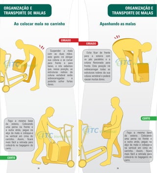 Ao colocar mala no carrinho 
Suspender a mala 
com as duas mãos: 
este gesto irá obrigar 
sua coluna a se curvar 
para frente e para 
baixo, e nós sabemos 
que, nessa posição, as 
estruturas nobres da 
coluna vertebral serão 
sobrecarregadas e 
poderão sofrer fortes 
dores. 
28 29 
Faça a mesma base 
da esteira. Colocando 
uma perna na frente e 
a outra atrás, pegue na 
alça da mala e coloque-­a 
na vertical em cima do 
carrinho. Assim, l cará 
mais fácil a retirada para 
colocá-­la no bagageiro do 
carro. 
ERRADO 
Apanhando as malas 
ERRADO 
CERTO 
Faça a mesma base 
da esteira. Colocando 
uma perna na frente e 
a outra atrás, pegue na 
alça da mala e coloque-­a 
na vertical em cima do 
carrinho. Assim, l cará 
mais fácil a retirada para 
colocá-­la no bagageiro do 
carro. 
Evite l car de frente 
para a esteira com 
os pés paralelos e a 
coluna m exionada para 
frente. Esta posição irá 
sobrecarregar todas as 
estruturas nobres da sua 
coluna vertebral e poderá 
causar muitas dores. 
ORGANIZAÇÃO E 
TRANSPORTE DE MALAS 
ORGANIZAÇÃO E 
TRANSPORTE DE MALAS 
CERTO 
 