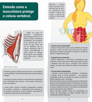 Entenda como a 
musculatura protege 
a coluna vertebral. 
O abdômen pode ser dividido em duas partes: o alto abdômen 
e o baixo abdômen. Essa divisão é feita pela cicatriz umbilical 
(umbigo). 
A parte alta, quando contraída, é responsável principalmente 
pela compressão das vísceras e pela apneia respiratória 
(parar de respirar); 
A parte baixa, quando contraída isoladamente (sentido 
de encolher a barriga), é responsável pela ativação da 
musculatura profunda da coluna vertebral, especialmente 
os músculos mais próximos das vértebras. 
Aprender a contrair 
esses músculos isola-­ 
damente será de gran-­ 
de importância para 
prevenir as dores nas 
costas e colocar em 
prática as dicas dessa 
cartilha. 
sÏÏPrimeiro passo (localização) 
Coloque as duas mãos sobre o baixo abdômen, buscando 
alcançar a parte de dentro dos dois ossos do quadril. 
Aprofunde os dedos indicadores e médios no sentido de 
afundar o abdômen (barriga). 
sÏÏSegundo passo (contração) 
Quando localizamos e contraímos corretamente esses 
músculos, iremos sentir que os dedos que estão tocando 
o abdômen irão subir com a contração. Uma maneira 
simples de sentir essa subida dos dedos é provocando a 
tosse. 
sÏÏTerceiro passo (manutenção) 
Contraia a parte de baixo do abdômen – encolhendo 
a barriga como se fosse emagrecer -­ com pequena 
quantidade de força em direção às costas e manter por 
alguns segundos essa contração. 
Essa musculatura deve ser treinada e pode ser utilizada em 
todas as suas atividades diárias. É importante exercitá-­la 
durante os movimentos do dia a dia, pois é ela que protege 
a coluna, evitando as dores ou as recidivas (recaídas) em 
quem já apresentou este problema. 
Esses músculos também devem ser estimulados nos 
treinos de musculação ou pilates durante todos os 
movimentos dessas atividades. 
04 05 
Imagem do transverso do abdômen 
Existe um grupo de 
músculos responsáveis 
pela proteção da coluna, um 
deles se chama “transverso 
do abdômen” (em vermelho). 
É um músculo que tem a 
forma de uma cinta, que 
vai do abdômen até as 
costas, abraçando toda a 
cintura, principalmente a 
parte inferior ao umbigo, 
promovendo uma proteção 
mais el caz para a coluna 
vertebral. 
 