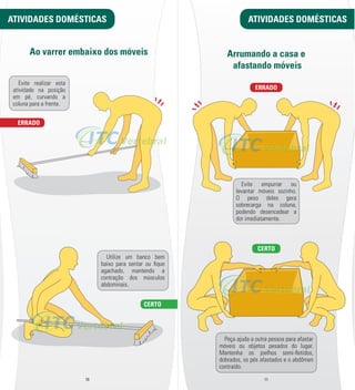 ATIVIDADES DOMÉSTICAS ATIVIDADES DOMÉSTICAS 
Ao varrer embaixo dos móveis Arrumando a casa e 
afastando móveis 
Utilize um banco bem 
baixo para sentar ou l que 
agachado, mantendo a 
contração dos músculos 
abdominais. 
ERRADO 
Evite empurrar ou 
levantar móveis sozinho. 
O peso deles gera 
sobrecarga na coluna, 
podendo desencadear a 
dor imediatamente. 
10 11 
ERRADO 
CERTO 
CERTO 
Evite realizar esta 
atividade na posição 
em pé, curvando a 
coluna para a frente. 
Peça ajuda a outra pessoa para afastar 
móveis ou objetos pesados do lugar. 
Mantenha os joelhos semi-­m etidos, 
dobrados, os pés afastados e o abdômen 
contraído. 
 