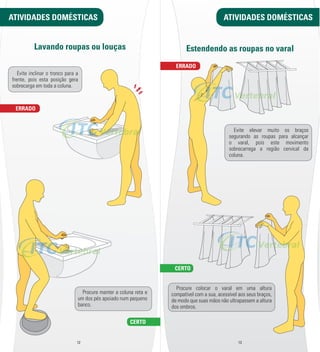 ATIVIDADES DOMÉSTICAS ATIVIDADES DOMÉSTICAS 
Lavando roupas ou louças Estendendo as roupas no varal 
Evite inclinar o tronco para a 
frente, pois esta posição gera 
sobrecarga em toda a coluna. 
Procure manter a coluna reta e 
um dos pés apoiado num pequeno 
banco. 
ERRADO 
CERTO 
12 13 
ERRADO 
CERTO 
Evite elevar muito os braços 
segurando as roupas para alcançar 
o varal, pois este movimento 
sobrecarrega a região cervical da 
coluna. 
Procure colocar o varal em uma altura 
compatível com a sua, acessível aos seus braços, 
de modo que suas mãos não ultrapassem a altura 
dos ombros. 
 