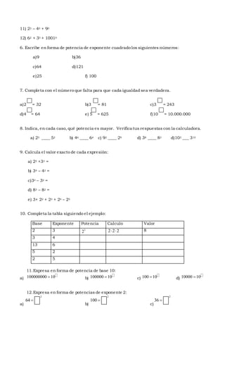11) 23 – 40 + 90
12) 62 + 33 + 10010
6. Escribe en forma de potencia de exponente cuadrado los siguientes números:
a)9 b)36
c)64 d)121
e)25 f) 100
7. Completa con el número que falta para que cada igualdad sea verdadera.
a)2 = 32 b)3 = 81 c)3 = 243
d)4 = 64 e) 5 = 625 f)10 = 10.000.000
8. Indica, en cada caso, qué potencia es mayor. Verifica tus respuestas con la calculadora.
a) 25 ____ 52 b) 46 ____ 64 c) 92 ____ 29 d) 38 ____ 83 d)103 ___ 310
9. Calcula el valor exacto de cada expresión:
a) 25 +33 =
b) 34 – 42 =
c)34 – 32 =
d) 83 – 82 =
e) 3+ 22 + 23 + 24 – 25
10. Completa la tabla siguiendo el ejemplo:
Base Exponente Potencia Calculo Valor
2 3 3
2 2 2 2  8
3 4
13 6
5 2
2 5
11.Expresa en forma de potencia de base 10:
a) 100000000 10 b) 100000 10 c) 100 10 d) 10000 10
12.Expresa en forma de potencias de exponente 2:
a)
2
64 
b)
2
100 
c)
2
36 
 
