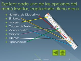  Numero de Diapositiva:
 Símbolo:
 Imagen:
 Cuadro de Texto:
 Video y audio:
 Grafica:
 Objeto:
 Hipervínculo:
10/03/2015POWERPOINT 32
 