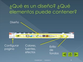 10/03/2015POWERPOINT 8
Diseño
Configurar
pagina
Colores,
fuentes,
efectos
Estilo
de
fondos
 