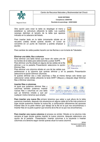 Regional Chocó
Centro de Recursos Naturales y Biodiversidad del Chocó
GUIAS SISTEMAS
Competencia: 220501046
Resultado de aprendizaje: 22050104602
Otra opción para crear la tabla es desplegar el menú y
establecer su estructura utilizando la rejilla. Los cuadros
naranjas delimitan el tamaño de la tabla que aparece
indicado en la cabecera del listado.
Para insertar texto en la tabla únicamente sitúate en el
recuadro (celda) donde quieras escribir, el cursor se
convertirá en un punto de inserción y podrás empezar a
escribir.
Para cambiar de celda puedes hacerlo con las flechas o con la tecla de Tabulador.
Eliminar una tabla, fila o columna
Para eliminar una tabla tienes que hacer clic sobre uno de
los bordes de la tabla para seleccionarla y pulsar SUPR.
Para eliminar una fila sitúate en alguna de las celdas de la fila a
eliminar y en la pestaña Presentación selecciona la opción
Eliminar filas.
Para eliminar una columna sitúate en una de las celdas que
pertenezcan a la columna que quieras eliminar y en la pestaña Presentación
selecciona la opción Eliminar columnas.
Si quieres eliminar dos o más columnas o filas al mismo tiempo solo tienes que
seleccionar varias celdas utilizando la tecla SHIFT (Mayus) y después elegir Eliminar
filas o Eliminar columnas.
Insertar filas o columnas
Al igual que podemos eliminar filas y
columnas también podemos insertar
nuevas filas o columnas en una tabla
que ya tenemos creada y que por
cualquier motivo tenemos que ampliar.
Para insertar una nueva fila primero tenemos que saber a qué altura de la tabla
queremos insertarla, después nos situaremos en alguna celda de la fila más próxima al
lugar donde queremos insertar la nueva fila, a continuación utilizaremos las opciones
Insertar filas en la parte inferior (por debajo de la fila en la que nos encontramos) o
Insertar filas en la parte superior (por encima de la fila en la que nos encontramos).
Para insertar una nueva columna el proceso es similar: Sitúate en la columna más
cercana al lugar donde quieras insertar la nueva columna, después selecciona una
opción de la pestaña Presentación: Insertar columnas a la izquierda o Insertar
columnas a la derecha según donde quieras situar la nueva columna.
SENA
TECNICO SISTEMAS
QUIBDO 2015
 