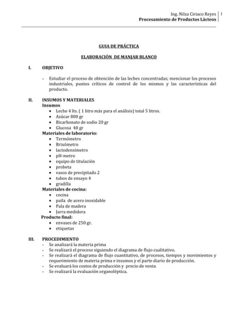 Ing. Nilza Ciriaco Reyes
Procesamiento de Productos Lácteos
1
_____________________________________________________________________________________
GUIA DE PRÁCTICA
ELABORACIÓN DE MANJAR BLANCO
I. OBJETIVO
- Estudiar el proceso de obtención de las leches concentradas; mencionar los procesos
industriales, puntos críticos de control de los mismos y las características del
producto.
II. INSUMOS Y MATERIALES
Insumos
 Leche 4 lts. ( 1 litro más para el análisis) total 5 litros.
 Azúcar 800 gr
 Bicarbonato de sodio 20 gr
 Glucosa 40 gr
Materiales de laboratorio:
 Termómetro
 Brixómetro
 lactodensímetro
 pH-metro
 equipo de titulación
 probeta
 vasos de precipitado 2
 tubos de ensayo 4
 gradilla
Materiales de cocina:
 cocina
 paila de acero inoxidable
 Pala de madera
 Jarra medidora
Producto final:
 envases de 250 gr.
 etiquetas
III. PROCEDIMIENTO
- Se analizará la materia prima
- Se realizará el proceso siguiendo el diagrama de flujo cualitativo.
- Se realizará el diagrama de flujo cuantitativo, de procesos, tiempos y movimientos y
requerimiento de materia prima e insumos y el parte diario de producción.
- Se evaluará los costos de producción y precio de venta
- Se realizará la evaluación organoléptica.
 