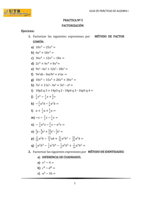 GUIA DE PRÁCTICAS DE ALGEBRA I
1
PRACTICA Nº 5
FACTORIZACIÓN
Ejercicios:
1. Factorizar las siguientes expresiones por MÉTODO DE FACTOR
COMÚN:
a) 10𝑥2
− 25𝑥3
=
b) 6𝑎3
+ 18𝑥2
=
c) 36𝑥2
− 12𝑥3
− 18𝑥 =
d) 2𝑥3
+ 4𝑥4
+ 8𝑥5
=
e) 9x3 - 6x2 + 12x5 - 18x7 =
f) 9x2ab - 3xa2b3 + x2az =
g) 10𝑥6
− 15𝑥5
+ 20𝑥4
+ 30𝑥2
=
h) 7x2 + 11x3 - 4x5 + 3x4 - x8 =
i) 10p2 q 3 + 14p3 q 2 - 18p4 q 3 - 16p5 q 4 =
j)
3
4
𝑥2
−
1
4
𝑥 +
5
4
=
k) −
5
6
𝑎2
𝑏 −
1
8
𝑎2
𝑏 =
l) 𝑎 +
1
2
𝑎 +
2
3
𝑎 =
m) −𝑥 −
2
3
𝑥 −
1
6
𝑥 =
n) −
3
4
𝑎2
𝑥 −
5
6
𝑥 − 𝑎2
𝑥 =
o)
4
3
x -
8
9
x3 +
16
15
x7 -
2
3
x5 =
p)
4
35
𝑎2
𝑏 −
12
5
𝑎𝑏 +
8
15
𝑎2
𝑏3
−
16
25
𝑎3
𝑏 =
q)
1
2
𝑎2
𝑏3
−
1
4
𝑎3
𝑏4
−
1
8
𝑎2
𝑏5
+
1
16
𝑎4
𝑏2
=
2. Factorizar las siguientes expresiones por MÉTODO DE IDENTIDADES:
a) DIFERENCIA DE CUADRADOS.
a) 𝑥2
− 4 =
b) 𝑐8
− 𝑑8
=
c) 𝑎2
− 16 =
 
