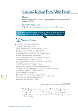 118
NO CORAÇÃO DA ESPERANÇA - GUIA DE PRÁTICAS CIRCULARES
CÍRCULO: DESEJOS PARA MEUS FILHOS
OBJETIVO
Identiﬁcar experiências da infância dos participantes que eles não gostariam que
seus ﬁlhos tivessem.
MATERIAIS NECESSÁRIOS
Objeto da palavra, itens para o centro e cópias da folha de exercícios.
ABERTURA SUGERIDA
É sempre importante que se marque o início deste espaço intencional de círculo. Se
a abertura sugerida não for apropriada, é essencial que se ache outra abertura.
“SEU FILHOS NÃO SÃO SEUS FILHOS”
“Seus ﬁlhos não são seus ﬁlhos.
São os ﬁlhos e ﬁlhas da Vida desejando a si mesma.
Eles vêm através de vocês, mas não de vocês.
E embora estejam com vocês, não lhes pertencem.
Vocês podem lhes dar amor, mas não seus pensamentos,
Pois eles têm seus próprios pensamentos.
Vocês podem abrigar seus corpos, mas não suas almas,
Pois suas almas vivem na casa do amanhã
que vocês não podem visitar, nem mesmo em seus sonhos.
Vocês podem lutar para ser como eles,
mas não procurem torná-los iguais a vocês,
Pois a vida não volta para trás, nem espera pelo passado.
Vocês são o arco de onde seus ﬁlhos são lançados como ﬂechas vivas.
O arqueiro vê o alvo no caminho do inﬁnito,
e Ele curva vocês com Seu poder,
para que suas ﬂechas possam ir longe e rápido.
Deixem que o seu curvar-se na mão do arqueiro seja pela alegria:
Pois mesmo enquanto ama a ﬂecha que voa,
Ele também ama o arco que é ﬁrme.”
- Kahlil Gibran
- The Prophet (Nova York: Alfred A. Knopf, 1951), págs. 17-18.
O objeto da palavra pode ser suspenso por períodos curtos de tempo, enquanto
estiverem fazendo uma atividade de brainstorming ou outras atividades. Entretanto,
se não for usado como processo primário ou principal, sua ausência irá debilitar a
integridade do círculo. Nós recomendamos que o objeto da palavra seja usado tanto
quanto for possível.
 