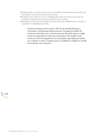 148
NO CORAÇÃO DA ESPERANÇA - GUIA DE PRÁTICAS CIRCULARES
Compreender e conectar-se com o seu eu verdadeiro, de maneira que você não seja
deﬁnido por essas classiﬁcações sociais injustas;
Trabalhar para conectar-se ao eu verdadeiro dos outros de maneira que você não
perpetue as classiﬁcações sociais que desvalorizam os outros;
Participar em esforços mais amplos de justiça social que trabalham para a inclusão, a
igualdade e a dignidade para todos.
O dano da injustiça social é enorme. Não há um caminho fácil para a
cicatrização e transformação dessas estruturas. Os seguintes modelos de
círculos são oferecidos com a consciência de que eles ainda estão em estágio
inicial de compreensão de como usar esse processo. Nós também ainda
estamos no início do engajamento de nossa própria capacidade para realizar
cura e desfazer os danos, recuperar nosso eu verdadeiro e trabalhar no sentido
de transformar essas estruturas.
 