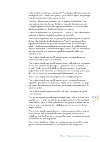 155
MÓDULO IV - LIDANDO COM A INJUSTIÇA DA SOCIEDADE
poder, também considerando a cor da pele. Peça-lhes para identiﬁcar quem tem
privilégio ou poder considerando gênero e quem não tem. Quem tem privilégio
ou poder considerando renda, e quem não tem.
Distribua a folha de exercícios com a roda de aspectos da identidade. Para
cada seção na roda, peça-lhes que decidam se eles estão classiﬁcados no alto
e tem privilégio na sociedade neste aspecto de quem eles são, ou se eles estão
classiﬁcados em baixo, e lhes falta privilégios neste aspecto.
Convide-os a marcarem cada seção com ALTO ou BAIXO para reﬂetir como a
sociedade os classiﬁca naquela dimensão de sua identidade.
Passe o objeto da palavra e peça aos participantes que identiﬁquem um aspecto
de suas vidas onde eles são classiﬁcados como “baixo” e que compartilhem
experiências especíﬁcas em que eles foram prejudicados por essa hierarquia
social. O facilitador deve iniciar, se possível, para servir de modelo quanto à
intenção desta rodada. Distribua material para escrever e peça aos participantes
que escrevam sobre seus sentimento quando foram desvalorizados pela
hierarquia social.
Passe o objeto da palavra e convide os participantes a compartilharem os
sentimentos sobre os quais eles escreveram.
Passe o objeto da palavra e convide os participantes a identiﬁcarem um aspecto
de suas vidas onde eles têm privilégio (a seção em que eles marcaram ALTO
na roda). Se eles tiverem diﬁculdade em identiﬁcar uma área de privilégio,
pergunte-lhes se eles têm irmãos ou irmãs mais novos, ou crianças com as quais
eles exercem autoridade, que seria um privilégio associado com idade.
Passe o objeto da palavra com a pergunta: Esses privilégios são justos?
Passe o objeto da palavra e convide os participantes a compartilhares uma
experiência quando eles não gostaram de alguém porque pertencia a um grupo
que não é valorizado e depois descobriram que a pessoa é alguém de quem eles
realmente gostam.
Passe o objeto da palavra para comentário adicionais ou respostas ao que os
outros disseram.
Peça aos participantes que voltem para a sua pirâmide e olhem atentamente o
segundo nível – o grupo ou cultura a que eles pertencem. Peça-lhes que façam a
lista ao lado da ﬁgura de várias palavras descritivas que outras pessoas associam
com esse grupo, mas que não são verdade para elas. Dê um exemplo de sua
própria pirâmide.
Passe o objeto da palavra pedindo que os participantes compartilhem palavras
de sua lista que podem ser associadas com o seu grupo, mas que não são
verdadeiras para eles. Convide-os a compartilhar qual é a sensação se as pessoas
assumem que seja verdade para eles.
Passe o objeto da palavra, pedindo aos participantes que compartilhem ideias
que tiveram enquanto escutavam os outros falarem sobre sua pirâmide.
 