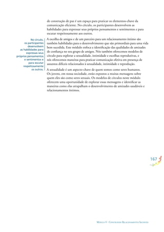 167
MÓDULO V - CONSTRUINDO RELACIONAMENTOS SAUDÁVEIS
de construção de paz é um espaço para praticar os elementos-chave da
comunicação eﬁciente. No círculo, os participantes desenvolvem as
habilidades para expressar seus próprios pensamentos e sentimentos e para
escutar respeitosamente aos outros.
A escolha de amigos e de um parceiro para um relacionamento íntimo são
também habilidades para o desenvolvimento que são primordiais para uma vida
bem sucedida. Este módulo enfoca a identiﬁcação das qualidades de amizades
de conﬁança no seu grupo de amigos. Nós também oferecemos modelos de
círculo para explorar a sexualidade, intimidade e escolhas reprodutivas, e
nós oferecemos maneiras para praticar comunicação efetiva em presença de
assuntos difíceis relacionados à sexualidade, intimidade e reprodução.
A sexualidade é um aspecto-chave de quem somos como seres humanos.
Os jovens, em nossa sociedade, estão expostos a muitas mensagens sobre
quem eles são como seres sexuais. Os modelos de círculos neste módulo
oferecem uma oportunidade de explorar essas mensagens e identiﬁcar as
maneiras como elas atrapalham o desenvolvimento de amizades saudáveis e
relacionamentos íntimos.
No círculo,
os participantes
desenvolvem
as habilidades para
expressas seus
próprios pensamentos
e sentimentos e
para escutar
respeitosamente
os outros.
 