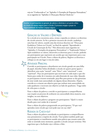 172
NO CORAÇÃO DA ESPERANÇA - GUIA DE PRÁTICAS CIRCULARES
veja em “Conhecendo-se” no “Apêndice 3: Exemplos de Perguntas Norteadoras,”
ou as sugestões no “Apêndice 2: Dicas para Alternar Check-ins.”
Envolver os participantes na geração de valores e diretrizes é um ponto crítico
na criação do espaço seguro para o Círculo. O processo engaja o grupo na
responsabilidade de manter o espaço seguro.
GERAÇÃO DE VALORES E DIRETRIZES
Se o círculo já se encontrou antes, reveja e exponha os valores e as diretrizes
do círculo anterior. Se for o primeiro encontro do círculo, estabeleça
uma base de valores, usando uma das técnicas descritas em “Dicas para
Estabelecer Valores no Círculo” no ﬁnal do capítulo “Aprendendo o
Círculo de Construção de Paz.” Nós oferecemos mais sugestões no
“Apêndice 3: Exemplos de perguntas Norteadoras” e “Explorando Valores.”
Após estabelecer os valores, desenvolva as diretrizes para o círculo, pedindo
aos participantes que expressem um acordo que seja importante para a sua
participação no Círculo. Passe o objeto da palavra. Registre as diretrizes e
coloque-as em um lugar à vista de todos.
ATIVIDADE PRINCIPAL
Convide os participantes a desenharem um círculo grande em uma folha
de papel, desenhar linhas dividindo o círculo em quatro partes iguais e
identiﬁcar uma seção “mental”, uma “física”, uma “emocional” e uma
“espiritual”. Peça aos participantes que escrevam em cada seção o que eles
fazem para cuidar de si mesmos em cada dimensão de suas vidas. Quando
os participantes tiverem terminado, peça-lhes para pensar se eles gostariam
de estar tendo mais autocuidado em alguma dessas dimensões. Depois,
convide-os a criarem um objetivo para que tenham mais autocuidado em
cada quadrante e escrevam esse objetivo ao lado do quadrante. Traga todos
de volta para o círculo.
Passe o objeto da palavra e convide os participantes a compartilharem
suas reações ao processo de avaliarem seu autocuidado desta maneira, seus
insights, ou seus objetivos.
Passe o objeto da palavra e pergunte aos participantes: “Qual é o maior
desaﬁo para você cuidar de si mesmo?”
Passe o objeto da palavra perguntando aos participantes: “O que você
aprendeu neste círculo que você pode usar em sua vida?”
RODADA DE CHECK-OUT
Passe o objeto da palavra convidando os participantes a compartilharem
seus pensamentos a respeito do círculo. Você poderá também pedir que
os participantes se manifestem usando uma palavra que resuma como eles
estão se sentindo neste momento, quando o círculo está por terminar. Nós
sugerimos que o facilitador seja o último a falar.
 