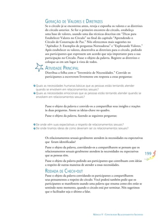 199
MÓDULO V - CONSTRUINDO RELACIONAMENTOS SAUDÁVEIS
GERAÇÃO DE VALORES E DIRETRIZES
Se o círculo já se encontrou antes, reveja e exponha os valores e as diretrizes
do círculo anterior. Se for o primeiro encontro do círculo, estabeleça
uma base de valores, usando uma das técnicas descritas em “Dicas para
Estabelecer Valores no Círculo” no ﬁnal do capítulo “Aprendendo o
Círculo de Construção de Paz.” Nós oferecemos mais sugestões no
“Apêndice 3: Exemplos de perguntas Norteadoras” e “Explorando Valores.”
Após estabelecer os valores, desenvolva as diretrizes para o círculo, pedindo
aos participantes que expressem um acordo que seja importante para a sua
participação no Círculo. Passe o objeto da palavra. Registre as diretrizes e
coloque-as em um lugar à vista de todos.
ATIVIDADE PRINCIPAL
Distribua a folha com o “Inventário de Necessidades.” Convide os
participantes a escreverem livremente em resposta a estas perguntas:
Quais as necessidades humanas básicas que as pessoas estão tentando atender
quando se envolvem em relacionamentos sexuais?
Quais as necessidades emocionais que as pessoas estão tentando atender quando se
envolvem em relacionamentos sexuais?
De onde vêm suas expectativas a respeito de relacionamentos sexuais?
De onde tiramos ideias de como deveriam ser os relacionamentos sexuais?
Passe o objeto da palavra e convide-os a compartilhar seus insights e reações
às duas perguntas. Anote as ideias-chave no quadro.
Passe o objeto da palavra, fazendo as seguintes perguntas:
Os relacionamentos sexuais geralmente atendem às necessidades ou expectativas
que foram identiﬁcadas?
Passe o objeto da palavra, convidando-os a compartilharem se pensam que os
relacionamentos sexuais geralmente atendem às necessidades ou expectativas
que as pessoas têm.
Passe o objeto da palavra pedindo aos participantes que contribuam com ideias
a respeito de outras maneiras de atender a essas necessidades.
RODADA DE CHECK-OUT
Passe o objeto da palavra convidando os participantes a compartilharem
seus pensamentos a respeito do círculo. Você poderá também pedir que os
participantes se manifestem usando uma palavra que resuma como eles estão se
sentindo neste momento, quando o círculo está por terminar. Nós sugerimos
que o facilitador seja o último a falar.
 