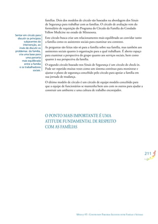 211
MÓDULO VI - CONSTRUINDO PARCERIAS SAUDÁVEIS ENTRE FAMÍLIAS E SISTEMAS
Sentar em círculo para
discutir os princípios
subjacentes da
intervenção, ao
invés de discutir os
problemas da família,
cria uma base para
uma parceria
mais equilibrada
entre a família
e os trabalhadores
sociais.
famílias. Dois dos modelos de círculo são baseados na abordagem dos Sinais
de Segurança para trabalhar com as famílias. O círculo de avaliação vem do
formulário de requisição do Programa do Círculo da Família do Condado
Yellow Medicine no estado de Minnesota.
Este círculo busca criar um relacionamento mais equilibrado ao convidar tanto
a família como os assistentes sociais para examinar seu contexto.
As perguntas são feitas não só para a família sobre sua família, mas também aos
assistentes sociais quanto à organização para a qual trabalham. É aberto espaço
para examinar a perspectiva do grupo quanto aos serviços sociais, bem como
quanto à sua perspectiva da família.
O segundo círculo baseado nos Sinais de Segurança é um círculo de check-in.
Pode ser repetido muitas vezes como um sistema contínuo para monitorar e
ajustar o plano de segurança concebido pelo círculo para apoiar a família em
sua jornada de mudança.
O último modelo de círculo é um círculo de equipe-modelo concebido para
que a equipe de funcionários se mantenha bem uns com os outros para ajudar a
construir um ambiente e uma cultura de trabalho encorajador.
O PONTO MAIS IMPORTANTE É UMA
ATITUDE FUNDAMENTAL DE RESPEITO
COM AS FAMÍLIAS
 