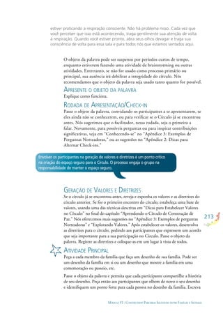213
MÓDULO VI - CONSTRUINDO PARCERIAS SAUDÁVEIS ENTRE FAMÍLIAS E SISTEMAS
Envolver os participantes na geração de valores e diretrizes é um ponto crítico
na criação do espaço seguro para o Círculo. O processo engaja o grupo na
responsabilidade de manter o espaço seguro.
estiver praticando a respiração consciente. Não há problema nisso. Cada vez que
você perceber que isso está acontecendo, traga gentilmente sua atenção de volta
à respiração. Quando você estiver pronto, abra seus olhos devagar e traga sua
consciência de volta para essa sala e para todos nós que estamos sentados aqui.
O objeto da palavra pode ser suspenso por períodos curtos de tempo,
enquanto estiverem fazendo uma atividade de brainstorming ou outras
atividades. Entretanto, se não for usado como processo primário ou
principal, sua ausência irá debilitar a integridade do círculo. Nós
recomendamos que o objeto da palavra seja usado tanto quanto for possível.
APRESENTE O OBJETO DA PALAVRA
Explique como funciona.
RODADA DE APRESENTAÇÃO/CHECK-IN
Passe o objeto da palavra, convidando os participantes a se apresentarem, se
eles ainda não se conhecerem, ou para veriﬁcar se o Círculo já se encontrou
antes. Nós sugerimos que o facilitador, nessa rodada, seja o primeiro a
falar. Novamente, para possíveis perguntas ou para inspirar contribuições
signiﬁcativas, veja em “Conhecendo-se” no “Apêndice 3: Exemplos de
Perguntas Norteadoras,” ou as sugestões no “Apêndice 2: Dicas para
Alternar Check-ins.”
GERAÇÃO DE VALORES E DIRETRIZES
Se o círculo já se encontrou antes, reveja e exponha os valores e as diretrizes do
círculo anterior. Se for o primeiro encontro do círculo, estabeleça uma base de
valores, usando uma das técnicas descritas em “Dicas para Estabelecer Valores
no Círculo” no ﬁnal do capítulo “Aprendendo o Círculo de Construção de
Paz.” Nós oferecemos mais sugestões no “Apêndice 3: Exemplos de perguntas
Norteadoras” e “Explorando Valores.” Após estabelecer os valores, desenvolva
as diretrizes para o círculo, pedindo aos participantes que expressem um acordo
que seja importante para a sua participação no Círculo. Passe o objeto da
palavra. Registre as diretrizes e coloque-as em um lugar à vista de todos.
ATIVIDADE PRINCIPAL
Peça a cada membro da família que faça um desenho de sua família. Pode ser
um desenho da família em si ou um desenho que mostre a família em uma
comemoração ou passeio, etc.
Passe o objeto da palavra e permita que cada participante compartilhe a história
de seu desenho. Peça então aos participantes que olhem de novo o seu desenho
e identiﬁquem um ponto forte para cada pessoa no desenho da família. Escreva
 