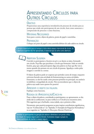 236
NO CORAÇÃO DA ESPERANÇA - GUIA DE PRÁTICAS CIRCULARES
APRESENTANDO CÍRCULOS PARA
OUTROS CÍRCULOS
OBJETIVO
Proporcionar uma experiência introdutória de processo de círculos para as
pessoas que ainda não participaram de um círculo, bem como aumentar a
compreensão do processo e como funciona.
MATERIAIS NECESSÁRIOS
Itens para o centro, objeto da palavra, pratos de papel e canetinhas.
PREPARAÇÃO
Coloque um prato de papel e uma canetinha debaixo de cada cadeira no círculo.
ABERTURA SUGERIDA
Convide os participantes a ﬁcarem em pé e a se darem as mãos, formando
um círculo. Peça-lhes que percebam o círculo que formaram. Indo no sentido
horário, peça que cada participante diga uma palavra ou frase que lhe vem à
mente quando eles pensam em um círculo de pessoas. Agradeça a todos pelas
imagens e convide-os a sentar.
O objeto da palavra pode ser suspenso por períodos curtos de tempo, enquanto
estiverem fazendo uma atividade de brainstorming ou outras atividades.
Entretanto, se não for usado como processo primário ou principal, sua ausência
irá debilitar a integridade do círculo. Nós recomendamos que o objeto da
palavra seja usado tanto quanto for possível.
APRESENTE O OBJETO DA PALAVRA
Explique como funciona.
RODADA DE APRESENTAÇÃO/CHECK-IN
Passe o objeto da palavra, convidando os participantes a se apresentarem, se eles
ainda não se conhecerem, ou para veriﬁcar se o Círculo já se encontrou antes.
Nós sugerimos que o facilitador, nessa rodada, seja o primeiro a falar.
Novamente, para possíveis perguntas ou para inspirar contribuições signiﬁcativas,
veja em “Conhecendo-se” no “Apêndice 3: Exemplos de Perguntas Norteadoras,”
ou as sugestões no “Apêndice 2: Dicas para Alternar Check-ins.”
É sempre importante que se marque o início deste espaço intencional de círculo. Se
a abertura sugerida não for apropriada, é essencial que se ache outra abertura.
Envolver os participantes na geração de valores e diretrizes é um ponto crítico
na criação do espaço seguro para o Círculo. O processo engaja o grupo na
responsabilidade de manter o espaço seguro.
 