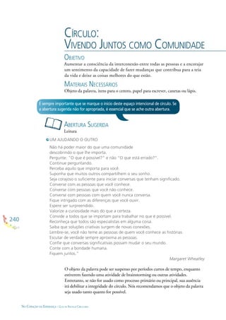 240
NO CORAÇÃO DA ESPERANÇA - GUIA DE PRÁTICAS CIRCULARES
CÍRCULO:
VIVENDO JUNTOS COMO COMUNIDADE
OBJETIVO
Aumentar a consciência da interconexão entre todas as pessoas e a encorajar
um sentimento da capacidade de fazer mudanças que contribua para a teia
da vida e deixe as coisas melhores do que estão.
MATERIAIS NECESSÁRIOS
Objeto da palavra, itens para o centro, papel para escrever, canetas ou lápis.
ABERTURA SUGERIDA
Leitura
É sempre importante que se marque o início deste espaço intencional de círculo. Se
a abertura sugerida não for apropriada, é essencial que se ache outra abertura.
UM AJUDANDO O OUTRO
Não há poder maior do que uma comunidade
descobrindo o que lhe importa.
Pergunte: “O que é possível?” e não “O que está errado?”.
Continue perguntando.
Perceba aquilo que importa para você.
Suponha que muitos outros compartilhem o seu sonho.
Seja corajoso o suﬁciente para iniciar conversas que tenham signiﬁcado.
Converse com as pessoas que você conhece.
Converse com pessoas que você não conhece.
Converse com pessoas com quem você nunca conversa.
Fique intrigado com as diferenças que você ouvir.
Espere ser surpreendido.
Valorize a curiosidade mais do que a certeza.
Convide a todos que se importam para trabalhar no que é possível.
Reconheça que todos são especialistas em alguma coisa.
Saiba que soluções criativas surgem de novas conexões.
Lembre-se, você não teme as pessoas de quem você conhece as histórias.
Escutar de verdade sempre aproxima as pessoas.
Conﬁe que conversas signiﬁcativas possam mudar o seu mundo.
Conte com a bondade humana.
Fiquem juntos.”
Margaret Wheatley
O objeto da palavra pode ser suspenso por períodos curtos de tempo, enquanto
estiverem fazendo uma atividade de brainstorming ou outras atividades.
Entretanto, se não for usado como processo primário ou principal, sua ausência
irá debilitar a integridade do círculo. Nós recomendamos que o objeto da palavra
seja usado tanto quanto for possível.
 