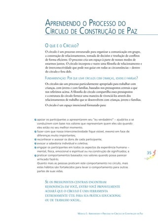 35
MÓDULO I - APRENDENDO O PROCESSO DO CÍRCULO DE CONSTRUÇÃO DE PAZ
O QUE É O CÍRCULO?
O círculo é um processo estruturado para organizar a comunicação em grupo,
a construção de relacionamentos, tomada de decisões e resolução de conﬂitos
de forma eﬁciente. O processo cria um espaço à parte de nossos modos de
estarmos juntos. O círculo incorpora e nutre uma ﬁlosoﬁa de relacionamento e
de interconectividade que pode nos guiar em todas as circunstâncias – dentro
do círculo e fora dele.
FUNDAMENTAÇÃO: POR QUE USAR CÍRCULOS COM CRIANÇAS, JOVENS E FAMÍLIAS?
Os círculos são um processo particularmente apropriado para trabalhar com
crianças, com jovens e com famílias, baseados nos pressupostos centrais a que
nos referimos acima. A ﬁlosoﬁa do círculo compartilha esses pressupostos
e a estrutura do círculo fornece uma maneira de vivenciá-los através dos
relacionamentos de trabalho que se desenvolvem com crianças, jovens e famílias.
O círculo é um espaço intencional formatado para:
APRENDENDO O PROCESSO DO
CÍRCULO DE CONSTRUÇÃO DE PAZ
apoiar os participantes a apresentarem seu “eu verdadeiro” – ajudá-los a se
conduzirem com base nos valores que representam quem eles são quando
eles estão no seu melhor momento.
fazer com que nossa interconectividade ﬁque visível, mesmo em face de
diferenças muito importantes;
reconhecer e acessar os dons de cada participante;
evocar a sabedoria individual e coletiva;
engajar os participantes em todos os aspectos da experiência humana –
mental, física, emocional e espiritual ou na construção de signiﬁcados; e
praticar comportamentos baseados nos valores quando possa parecer
arriscado fazê-lo.
Quanto mais as pessoas praticam este comportamento no círculo, mais
estes hábitos são fortalecidos para levar o comportamento para outras
partes de suas vidas.
SE OS PRESSUPOSTOS CENTRAIS ENCONTRAM
RESSONÂNCIA EM VOCÊ, ENTÃO VOCÊ PROVAVELMENTE
ACHARÁ QUE O CÍRCULO É UMA FERRAMENTA
EXTREMAMENTE ÚTIL PARA SUA PRÁTICA EDUCACIONAL
OU DE TRABALHO SOCIAL.
 