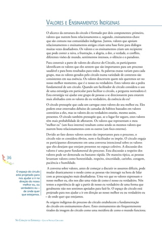 36
NO CORAÇÃO DA ESPERANÇA - GUIA DE PRÁTICAS CIRCULARES
O alicerce da estrutura do círculo é formado por dois componentes: primeiro,
valores que nutrem bons relacionamentos e, segundo, ensinamentos-chave
que são comuns nas comunidades indígenas. Juntos, valores que apoiam
relacionamentos e ensinamentos antigos criam uma base forte para diálogos
muitas vezes desaﬁadores. Os valores e os ensinamentos criam um recipiente
que pode conter a raiva, a frustração, a alegria, a dor, a verdade, o conﬂito,
diferentes visões de mundo, sentimentos intensos, o silêncio e o paradoxo.
Para construir a parte de valores do alicerce do Círculo, os participantes
identiﬁcam os valores que eles sentem que são importantes para um processo
saudável e para bons resultados para todos. As palavras exatas variam para cada
grupo, mas os valores gerados pelo círculo numa variedade de contextos são
consistentes em sua essência. Os valores descrevem quem nós queremos ser no
nosso melhor momento, que é o nosso eu verdadeiro. Estes valores são a pedra
fundamental de um círculo. Quando um facilitador de círculo considera o uso
de uma estratégia em particular para facilitar o círculo, a pergunta norteadora é:
Esta estratégia vai ajudar este grupo de pessoas a se direcionarem para estarem
mais alinhados com os valores do eu verdadeiro, da essência do eu?
O círculo pressupõe que cada um carregue esses valores do seu melhor eu. Eles
podem estar enterrados debaixo de camadas de hábitos baseados em valores
contrários a eles, mas os valores do eu verdadeiro estarão, mesmo assim,
presentes. O círculo também pressupõe que, se o lugar for seguro, estes valores
têm mais probabilidade de aﬂorarem. Os valores que representam o meu
“melhor eu” (um foco interno) resultam como sendo os mesmos valores que
nutrem bons relacionamentos com os outros (um foco externo).
Devido ao fato destes valores serem tão importantes para o processo, o
círculo não os considera óbvios, nem o facilitador os impõe. O círculo engaja
os participantes diretamente em uma conversa intencional sobre os valores
que eles desejam que estejam presentes no espaço coletivo. A discussão dos
valores é uma parte fundamental do processo. Esta discussão a respeito dos
valores pode ser demorada ou bastante rápida. De maneira típica, as pessoas
levantam valores como honestidade, respeito, sinceridade, carinho, coragem,
paciência e humildade.
A conversa sobre valores, antes de começar a discutir os assuntos difíceis, pode
mudar drasticamente o modo como as pessoas vão interagir na hora de lidar
com as preocupações mais desaﬁadoras. Uma vez que os valores expressam o
nosso melhor eu, eles nos dão uma visão de como é nosso eu verdadeiro. Nós
temos a experiência de agir a partir de nosso eu verdadeiro de uma forma que
geralmente não nos sentimos apoiados para fazê-lo. O espaço do círculo está
projetado para nos ajudar a ir em direção ao nosso melhor eu ou verdadeiro eu
– de onde quer que estejamos.
As origens indígenas do processo do círculo estabelecem a fundamentação
do círculo em ensinamentos-chave. Estes ensinamentos são frequentemente
tirados da imagem do círculo como uma metáfora de como o mundo funciona.
VALORES E ENSINAMENTOS INDÍGENAS
O espaço do círculo
está projetado para
nos ajudar a ir na
direção do nosso
melhor eu, ou
verdadeiro eu –
de onde quer
que estejamos.
 