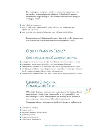 37
MÓDULO I - APRENDENDO O PROCESSO DO CÍRCULO DE CONSTRUÇÃO DE PAZ
tudo está interconectado;
embora tudo esteja conectado, há partes distintas, e é importante que
estejam em equilíbrio;
cada parte do universo contribui para o todo e é igualmente valiosa.
participantes sentados em um círculo, de preferência sem móvel agum no meio;
uma peça no centro, que cria um foco central para os participantes;
uma cerimônia de abertura que marca o início de um espaço especial do círculo;
um objeto, chamado de objeto da palavra, que é passado de pessoa para pessoa, a
ﬁm de regular o ﬂuxo do diálogo (quem fala e quando);
uma cerimônia de fechamento que marca o ﬁnal de um espaço especial do círculo.
Cerimônia de abertura
Peça de centro
Discussão de valores e orientações
Objeto da palavra
Perguntas norteadoras
Cerimônia de fechamento
Estes ensinamentos indígenas, que formam o alicerce do círculo, são os mesmos
conceitos que nós identiﬁcamos como nossos Pressupostos Centrais.
COMO É, ENTÃO, O CÍRCULO? VISUALMENTE, VOCÊ VERÁ:
O QUE É A PRÁTICA DO CÍRCULO?
ELEMENTOS ESSENCIAIS DA
CONSTRUÇÃO DO CÍRCULO
O facilitador do círculo usa os elementos abaixo para formar o círculo. Juntos,
esses elementos criam o espaço para que todos os participantes falem a sua
verdade um para o outro, respeitosamente, em pé de igualdade, para buscar
uma compreensão mais profunda deles próprios e dos outros.
Todos os participantes sentam em círculo (de preferência sem qualquer mesa)
Para muitos povos indígenas, o círculo, como símbolo, exprime uma visão
de mundo – uma maneira de entender como ele funciona. Os seguintes
ensinamentos são parte integral, tanto da visão de mundo, como do espaço
criado pelo círculo:
 