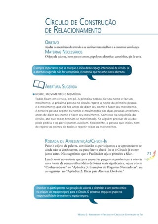 71
MÓDULO I - APRENDENDO O PROCESSO DO CÍRCULO DE CONSTRUÇÃO DE PAZ
CÍRCULO DE CONSTRUÇÃO
DE RELACIONAMENTO
OBJETIVO
Ajudar os membros do círculo a se conhecerem melhor e a construir conﬁança.
MATERIAIS NECESSÁRIOS
Objeto da palavra, itens para o centro, papel para desenhar, canetinhas, giz de cera.
NOME, MOVIMENTO E MEMÓRIA
Todos ﬁcam em círculo, em pé. A primeira pessoa diz seu nome e faz um
movimento. A próxima pessoa no círculo repete o nome da primeira pessoa
e o movimento que ela fez antes de dizer seu nome e fazer seu movimento.
A terceira pessoa repete os nomes e movimentos das duas pessoas anteriores
antes de dizer seu nome e fazer seu movimento. Continue na sequência do
círculo, até que todos tenham se manifestado. Se alguém precisar de ajuda,
pode pedi-la e os participantes auxiliam. Finalmente, a pessoa que iniciou tem
de repetir os nomes de todos e repetir todos os movimentos.
ABERTURA SUGERIDA
É sempre importante que se marque o início deste espaço intencional de círculo. Se
a abertura sugerida não for apropriada, é essencial que se ache outra abertura.
Envolver os participantes na geração de valores e diretrizes é um ponto crítico
na criação do espaço seguro para o Círculo. O processo engaja o grupo na
responsabilidade de manter o espaço seguro.
RODADA DE APRESENTAÇÃO/CHECK-IN
Passe o objeto da palavra, convidando os participantes a se apresentarem se
ainda não se conhecerem, ou para fazer o check- in se o Círculo já esteve
junto antes. Nós sugerimos que o Facilitador seja o primeiro a falar.
Lembramos novamente que para encontrar perguntas possíveis para nortear
uma forma de compartilhar ideias de forma mais signiﬁcativa, veja o o item
“Conhecendo-se” no “Apêndice 3: Exemplos de Perguntas Norteadoras”, ou
as sugestões no “Apêndice 2: Dicas para Alternar Check-ins.”
 
