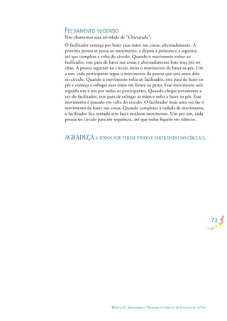 73
MÓDULO I - APRENDENDO O PROCESSO DO CÍRCULO DE CONSTRUÇÃO DE PAZ
FECHAMENTO SUGERIDO
Nós chamamos esta atividade de “Chuvarada”:
O facilitador começa por bater suas mãos nas coxas, alternadamente. A
próxima pessoa se junta ao movimento, e depois a próxima e a seguinte,
até que complete a volta do círculo. Quando o movimento voltar ao
facilitador, este para de bater nas coxas e alternadamente bate seus pés no
chão. A pessoa seguinte no círculo imita o movimento de bater os pés. Um
a um, cada participante segue o movimento da pessoa que está antes dele
no círculo. Quando o movimento volta ao facilitador, este para de bater os
pés e começa a esfregar suas mãos em frente ao peito. Esse movimento será
seguido um a um por todos os participantes. Quando chegar novamente a
vez do facilitador, este para de esfregar as mãos e volta a bater os pés. Esse
movimento é passado em volta do círculo. O facilitador mais uma vez faz o
movimento de bater nas coxas. Quando completar a rodada de movimento,
o facilitador ﬁca sentado sem fazer nenhum movimento. Um por um, cada
pessoa no círculo para em sequência, até que todos ﬁquem em silêncio.
AGRADEÇA A TODOS POR TEREM VINDO E PARTICIPADO DO CÍRCULO.
 