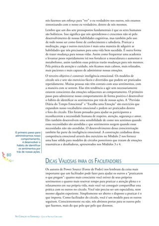 80
NO CORAÇÃO DA ESPERANÇA - GUIA DE PRÁTICAS CIRCULARES
O primeiro passo para
administrarmos nosso
comportamento,
é desenvolver o
hábito de identiﬁcar
os sentimentos por
trás de nossas ações.
nós fazemos um esforço para “ver” o eu verdadeiro nos outros, nós estamos
sintonizando com o nosso eu verdadeiro, dentro de nós mesmos.
Lembre que um dos sete pressupostos fundamentais é que os seres humanos
são holísticos. Isso signiﬁca que nós aprendemos e crescemos não só pelo
desenvolvimento de nossas habilidades cognitivas, mas também pelo uso
de todo nosso ser como fonte de conhecimento e sabedoria. Praticar a
meditação, yoga e outros exercícios é mais uma maneira de adquirir as
habilidades que nós precisamos para uma vida bem sucedida. É outra forma
de trazer mudança para nossas vidas. Assim como frequentar uma academia
e levantar pesos repetidamente irá nos fortalecer a musculatura e aumentar o
metabolismo, assim também essas práticas trarão mudanças para nós mesmos.
Pela prática da atenção e cuidado, nós ﬁcamos mais calmos, mais relaxados,
mais pacientes e mais capazes de administrar nossas emoções.
O terceiro objetivo é construir inteligência emocional. Os modelos de
círculo seis e sete são exercícios fáceis e divertidos que podem ser praticados
repetidamente. Muitas pessoas não têm contato com seus sentimentos, com
a maneira com se sentem. Elas têm tendência a agir sem necessariamente
estarem conscientes das emoções subjacentes ao comportamento. O primeiro
passo para administrar nosso comportamento de forma positiva é desenvolver
o hábito de identiﬁcar os sentimentos por trás de nossas ações. A “Previsão
Diária do Tempo Emocional” e “Escolha uma Emoção” são exercícios que
expandem nosso vocabulário emocional e podem ser praticados dentro
e fora do círculo. Eles foram pensados para ajudar os participantes a
reconhecerem a necessidade humana de respeito, atenção, segurança e amor.
Eles também desenvolvem uma sensibilidade de como nos sentimos quando
essas necessidades são atendidas e que sentimentos surgem quando essas
necessidades não são atendidas. O desenvolvimento dessa conscientização
também faz parte da inteligência emocional. A construção cuidadosa dessa
competência emocional através dos exercícios no Módulo 2 nos fornece
uma base sólida para modelos de círculos posteriores que tratam de emoções
traumáticas e desaﬁadoras, apresentados nos Módulos 3 e 4.
DICAS VALIOSAS PARA OS FACILITADORES
Os autores de Power Source (Fonte de Poder) nos lembram da coisa mais
importante que um facilitador pode fazer para ajudar os outros a “praticarem
o que pregam”: quanto mais consciente você estiver de seus próprios
sentimentos e quanto mais reservar tempo para praticar a atenção plena e o
relaxamento em sua própria vida, mais você vai conseguir compartilhar esta
prática com os outros no círculo. Você não precisa ser um especialista, nem
mesmo alguém experiente. Simplesmente ser aberto e disposto a praticar é o
que importa. Como facilitador do círculo, você é um modelo para os outros
seguirem. Conscientemente ou não, nós abrimos portas para os outros pelo
que fazemos, mais do que pelo que pelo que dizemos.
 