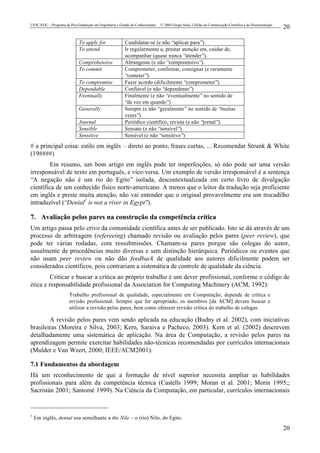 UFSC/EGC – Programa de Pós-Graduação em Engenharia e Gestão do Conhecimento © 2004 Grupo Stela, Células de Comunicação Científica e de Documentação
20
20
To apply for Candidatar-se (e não “aplicar para”).
To attend Ir regularmente a, prestar atenção em, cuidar de,
acompanhar (quase nunca “atender”).
Comprehensive Abrangente (e não “compreensivo”).
To commit Comprometer, confirmar, consignar (e raramente
“cometer”).
To compromise Fazer acordo (dificilmente “comprometer”).
Dependable Confiável (e não “dependente”)
Eventually Finalmente (e não “eventualmente”no sentido de
“de vez em quando”)
Generally Sempre (e não “geralmente”no sentido de “muitas
vezes”)
Journal Periódico científico, revista (e não “jornal”).
Sensible Sensato (e não “sensível”)
Sensitive Sensível (e não “sensitivo”)
# a principal coisa: estilo em inglês – direto ao ponto, frases curtas, ... Recomendar Strunk & White
(19####)
Em resumo, um bom artigo em inglês pode ter imperfeições, só não pode ser uma versão
irresponsável de texto em português, e vice-versa. Um exemplo de versão irresponsável é a sentença
“A negação não é um rio do Egito” isolada, descontextualizada em certo livro de divulgação
científica de um conhecido físico norte-americano. A menos que o leitor da tradução seja proficiente
em inglês e preste muita atenção, não vai entender que o original provavelmente era um trocadilho
intraduzível (“Denial1
is not a river in Egypt”).
7. Avaliação pelos pares na construção da competência crítica
Um artigo passa pelo crivo da comunidade científica antes de ser publicado. Isto se dá através de um
processo de arbitragem (refereeing) chamado revisão ou avaliação pelos pares (peer review), que
pode ter várias rodadas, com ressubmissões. Chamam-se pares porque são colegas do autor,
usualmente de procedências muito diversas e sem distinção hierárquica. Periódicos ou eventos que
não usam peer review ou não dão feedback de qualidade aos autores dificilmente podem ser
considerados científicos, pois contrariam a sistemática de controle de qualidade da ciência.
Criticar e buscar a crítica ao próprio trabalho é um dever profissional, conforme o código de
ética e responsabilidade profissional da Association for Computing Machinery (ACM, 1992):
Trabalho profissional de qualidade, especialmente em Computação, depende de crítica e
revisão profissional. Sempre que for apropriado, os membros [da ACM] devem buscar e
utilizar a revisão pelos pares, bem como oferecer revisão crítica do trabalho de colegas.
A revisão pelos pares vem sendo aplicada na educação (Budny et al. 2002), com iniciativas
brasileiras (Moreira e Silva, 2003; Kern, Saraiva e Pacheco, 2003). Kern et al. (2002) descrevem
detalhadamente uma sistemática de aplicação. Na área de Computação, a revisão pelos pares na
aprendizagem permite exercitar habilidades não-técnicas recomendadas por currículos internacionais
(Mulder e Van Weert, 2000; IEEE/ACM2001).
7.1 Fundamentos da abordagem
Há um reconhecimento de que a formação de nível superior necessita ampliar as habilidades
profissionais para além da competência técnica (Castells 1999; Moran et al. 2001; Morin 1995;;
Sacristán 2001; Santomé 1999). Na Ciência da Computação, em particular, currículos internacionais
1
Em inglês, denial soa semelhante a the Nile – o (rio) Nilo, do Egito.
 