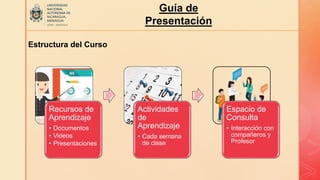 Guía de
Presentación
Estructura del Curso
Recursos de
Aprendizaje
• Documentos
• Videos
• Presentaciones
Actividades
de
Aprendizaje
• Cada semana
de clase
Espacio de
Consulta
• Interacción con
compañeros y
Profesor
 