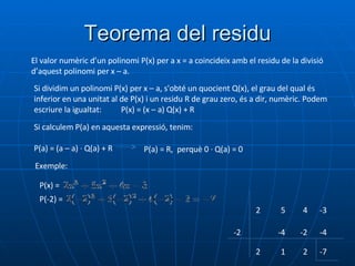 Teorema del residu El valor numèric d’un polinomi P(x) per a x = a coincideix amb el residu de la divisió d’aquest polinomi per x – a. Si dividim un polinomi P(x) per x – a, s'obté un quocient Q(x), el grau del qual és inferior en una unitat al de P(x) i un residu R de grau zero, és a dir, numèric. Podem escriure la igualtat:  P(x) = (x – a) Q(x) + R Si calculem P(a) en aquesta expressió, tenim: P(a) = (a – a) · Q(a) + R P(a) = R,  perquè 0 · Q(a) = 0 P(x) = Exemple: P(-2) = -2 2 2 5 -4 1 4 -2 2 -3 -4 -7 