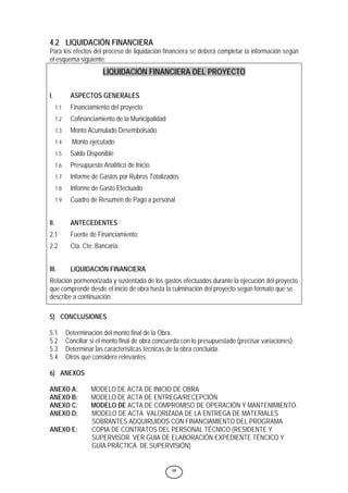 10
4.2 LIQUIDACIÓN FINANCIERA
Para los efectos del proceso de liquidación financiera se deberá completar la información según
el esquema siguiente:
LIQUIDACIÓN FINANCIERA DEL PROYECTO
I. ASPECTOS GENERALES
1.1 Financiamiento del proyecto
1.2 Cofinanciamiento de la Municipalidad
1.3 Monto Acumulado Desembolsado
1.4 Monto ejecutado
1.5 Saldo Disponible
1.6 Presupuesto Analítico de Inicio
1.7 Informe de Gastos por Rubros Totalizados
1.8 Informe de Gasto Efectuado
1.9 Cuadro de Resumen de Pago a personal
II. ANTECEDENTES
2.1 Fuente de Financiamiento:
2.2 Cta. Cte. Bancaria:
III. LIQUIDACIÓN FINANCIERA
Relación pormenorizada y sustentada de los gastos efectuados durante la ejecución del proyecto
que comprende desde el inicio de obra hasta la culminación del proyecto según formato que se
describe a continuación:
5) CONCLUSIONES
5.1 Determinación del monto final de la Obra.
5.2 Conciliar si el monto final de obra concuerda con lo presupuestado (precisar variaciones).
5.3 Determinar las características técnicas de la obra concluida.
5.4 Otros que considere relevantes.
6) ANEXOS
ANEXO A: MODELO DE ACTA DE INICIO DE OBRA
ANEXO B: MODELO DE ACTA DE ENTREGA/RECEPCIÓN
ANEXO C: MODELO DE ACTA DE COMPROMISO DE OPERACIÓN Y MANTENIMIENTO.
ANEXO D: MODELO DE ACTA VALORIZADA DE LA ENTREGA DE MATERIALES
SOBRANTES ADQUIRUIDOS CON FINANCIAMIENTO DEL PROGRAMA
ANEXO E: COPIA DE CONTRATOS DEL PERSONAL TÉCNICO (RESIDENTE Y
SUPERVISOR. VER GUIA DE ELABORACIÓN EXPEDIENTE TÉNCICO Y
GUÍA PRÁCTICA DE SUPERVISIÓN)
 