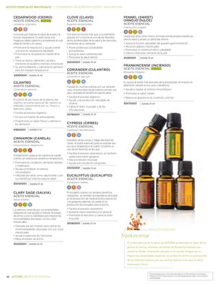 *Estas declaraciones no han sido evaluadas por la Administración de Drogas y
Alimentos (FDA). Este producto no es para diagnosticar, tratar, curar o prevenir .
enfermedades.
10 BIENESTAR ESENCIAL
ACEITES ESENCIALES INDIVIDUALES | Cedarwood-Helichrysum (Cedro- Helichrysum)
Cedarwood (Cedro)
Aceite Esencial ¡Nuevo!
Juniperus virginiana
A T S
Conocido por mejorar la salud de la piel y la
funsión respiratoria. El cedro tiene una
fragancia cálida, balsámica amaderada el cual
relaja la mente y el cuerpo.
•	Promueve la respiración y ayuda a tener
una función respiratoria saludable
•	Prromueve la recuperación rápida de la
piel
•	Tiene un efecto calmante y ayuda a
mantener el equilibrio mental y emocional
•	Su aroma relajante y calmante es perfecta
para los masajes terapéuticos
49300001 botella 15 ml
Cilantro
ACEITE ESENCIAL
Coriandrum sativum
A T I N
Proviene de las hojas de la planta del
cilantro, el aceite esencial de cilantro es
utilizado comúnmente por su fresco y
delicioso sabor.
•	Facilita el proceso digestivo
•	Es una rica fuente de antioxidantes
•	Proporciona un sabor fresco y sabroso a
los alimentos
41850001 botella 5 ml
Cinnamon (CANELA)
ACEITE ESENCIAL
Cinnamomum zeylanicum
A T I D
Ampliamente usada en la culinaria, la canela
cuenta con extensivos beneficios terapéuticos.
•	Promueve la circulación, aliviando dolores
y malestares
•	Ayuda a fortalecer el sistema
inmunológico
•	Utilizada por años como saborizante y por
sus beneficios internos para la salud
30030001 botella 15 ml
Clary sage (SALVIA)
ACEITE ESENCIAL
Salvia sclarea
A T I N
La salvia es conocida por sus propiedades
relajantes el cual ayudan a mejorar el estado
de ánimo y por su habilidad para mejorar las
incomodidades asociadas con los ciclos
menstruales.
•	Utilizada por las mujeres para calmar las
incomodidadades asociadas con sus ciclos
menstruales
•	Ayuda a balancear las hormonas
•	Eleva el estado de ánimo
30420001 botella 15 ml
Clove (CLAVO)
ACEITE ESENCIAL
Eugenia caryophyllata
A T I D
• El clavo es mucho más que un condimento      
popular en l a cocina, es uno de los favoritos
de los profesionales de la salud y las personas
consientes de su bienestar
•	Posee poderosas propiedades
antioxidantes.
•	Apoya la salud cardiovascular
•	Promueve la salud dental
30040001 botella 15 ml
Coriander (CULANTRO)
ACEITE ESENCIAL
Coriandrum sativum
A T I N
Popular en muchas culturas por sus variados
usos, el aceite esencial de culantro provee una
gran variedad de beneficios para la salud.
•	Facilita el proceso digestivo
•	Ayuda a la producción saludable de
insulina
•	Calma el dolor muscular y de las
articulaciones
30780001 botella 15 ml
Cypress (CIPRES)
ACEITE ESENCIAL
Cupressus sempervirens
A T N
Destilado de las ramas y follaje del árbol de
ciprés, el aceite esencial ciprés es popular por
sus usos terapéuticos el cual lo convierte en
uno de los favoritos en los spa
•	Facilita el proceso respiratorio, es tambien
usado para hacer gárgaras
•	Alivia la tensión muscular
•	Ayuda a la circulación sanguínea
30050001 botella 15 ml
Eucalyptus (EUCALIPTO)
ACEITE ESENCIAL
Eucalyptus radiata
A T S
El eucalipto cuenta con amplios benéficos
integrados , es tambien el ingrediente principal
en la producción de medicamentos para la tos
y la garganta, además es usado en la
producción de pomadas para el pecho.
•	Facilita el proceso respiratorio
•	Apoya la salud respiratoria en general
•	Promueve el descanso y calma el dolor
muscular
30060001 botella 15 ml
PRODUCTO DESTACADO
frankincense
	 El aceite esencial de incienso de dōTERRA es destilado al vapor de las
gomas de resinas silvestres de árboles de Boswellia Frereana que
crecen en Omán. Altamente valorado en el mundo antiguo por su
fragancia y propiedades curativas, es un favorito entre los practicantes
de la medicina moderna por sus muchas aplicaciones para la salud
emocional y física.
FENNEL (SWEET)
(HINOJO DULCE)
ACEITE ESENCIAL
Foeniculum vulgare
A T I S
Usado por años como tónico, el hinojo brinda amplios beneficios
para la salud y posee un particular aroma.
•	Apoya la funsión saludable del aparato gastrointestinal
•		Alivia los dolores menstruales
•		Promueve un sistema linfático saludable
•		Calma irritaciones menores de la piel
41290001 botella 15 ml
Frankincense (INCIENSO)
ACEITE ESENCIAL más vendido
Boswellia frereana
A T I N
Es quizas el aceite más preciado de la antigüedad, el incienso es
altamente versatil en sus usos y beneficios.
•	Ayuda a regular el sistema inmunológico
•		Promueve la salud celular
•		Reduce la apariencia de cicatrices y estrías
30070001 botella 15 ml
 