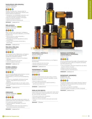 13doterra.com
ACEITESESENCIALESINDIVIDUALES
Marjoram (MEJORANA)
Aceite Esencial
Origanum majorana
A T I N
También conocida como “mejorana dulce” la
mejorana cuenta con aplicaciones culinarias como
tambien beneficios terapéuticos.
•	Valorada por sus propiedades calmantes y por
sus efectos positivos al sistema nervioso
•		Alivia los músculos cansados y estresados.
•		Apoya al sistema respiratorio
•		Beneficia el sistema cardiovascular.
30140001 botella de 15 ml
Melaleuca
Aceite Esencial más vendido
Melaleuca alternifolia
A T I N
Mejor conocido como “árbol de té”, la Melaleuca
cuenta con 90 compuestos diferentes y un sin limite
de aplicaciones
•	Reconocida por su efecto limpiador y
rejuvenecedor en la piel
•	Promueve una función saludable del sistema
inmunológico.
•	Protege contra amenazas ambientales y
estacionales.
30150001 botella de 15 ml
Melissa (MELISA)
Aceite Esencial
Melissa officinalis
A T I N
Un aceite poco común, Melissa tiene una fragancia
cítrica, dulce fresca, además de tener una gran
variedad de propiedades benéficas.
•	Ayuda a mantener un sistema inmunológico
saludable
•		Calma las tensiones y los nervios
•		Calma el malestar estomacal
30850001 botella de 5 ml
Myrrh (MIRRA)
Aceite Esencial
Commiphora myrrha
A T I N
La mirra ha sido utilizada histoticamente en muchos
aspectos, desde la meditación hasta el
embalsamiento, La mirra es aun recomendada hoy
en día.
•	Cuenta con propiedades de limpieza de gran
alcance, especialmente para la boca y la
garganta
•		Suaviza la piel, promueve un cutis joven y terso
•		Promueve el balance emocional y el bienestar en
general
30160001 botella de 15 ml
Oregano
Aceite Esencial más vendido
Origanum vulgare
A T I D
Utilizado por Hipócrates el padre de la medicina. El
oregano posee varios usos tradicionales y modernos.
•	Es usado como agente limpiador
•		Apoya la digestión saludable y la función
respiratoria
•		Es una excelente fuente de ácidos fenólicos y
flavonoides (poderosos antioxidantes)
30180001 botella de 15 ml
Patchouli (PACHULÍ)
Aceite Esencial
Pogostemon cablin
A T I N
El Pachuli es fácilmente reconocido por su rica fragancia
almizcle-dulce.
•	Ayuda a balancear las emociones
•		Ayuda a la reparación de la piel
30890001 botella de 15 ml
Peppermint (MENTA)
Aceite Esencial más vendido
Mentha piperita
A T I S
Uno de los aceites favoritos de mayor venta. La menta
promueve una función respiratoria saludable y ayuda
despejar la respiración.
•		Alivia el malestar estomacal
•		Es usado frecuentemente en pasta de dientes y
gomas para la salud oral.
30190001 botella de 15 ml
Perlas de menta
Experimente el refrescante y vigorizante sabor de la
menta embasada convenientemente en unas perlas
de menta fáciles de disolver.
•	Promueve la salud oral y respiratoria
•		Alivia el malestar estomacal
•		Ofrece los mismos beneficios del aceite esencial de
menta
38150001 125 perlas
Roman CHAMOMILE
(MANZANILLA ROMANA)
Aceite Esencial
Anthemis nobilis
A T I N
Es la más versátil de las Manzanillas, la Manzanilla Romana
es extraída de una flor similar a la margarita, de la planta
de la Manzanilla Romana.
•	Tiene propiedades calmantes terapéuticas que afecta
la piel, la mente y el cuerpo
•		Relaja los sistemas del orgnismo
•		Facilita el proceso desinflamatorio
30800001 botella de 5 ml
Rosemary (ROMERO)
Essential Oil
Rosmarinus officinalis
A T I N
Considerado sagrado por los Griegos, Romanos, Egipcios
y Hebreos, el romero es altamente recomendado por los
que cuidan de su salud
•	Promueve una digestión saludable.
•		Alivia los dolores musculares y el dolor en general.
30200001 botella de 15 ml
 