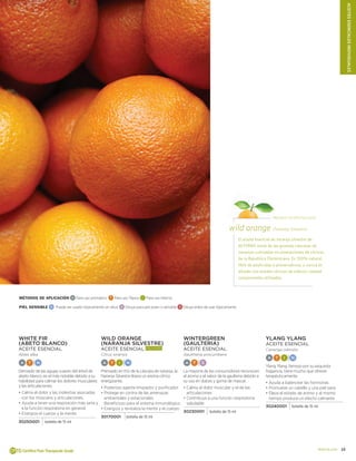 15doterra.com
ACEITESESENCIALESINDIVIDUALES
PRODUCTO DESTACADO
wild orange (Naranja Silvestre)
	 El aceite esencial de naranja silvestre de
dōTERRA viene de las gruesas cáscaras de
naranjas cultivadas en plantaciones de cítricos
de la República Dominicana. Es 100% natural,
libre de pesticidas o preservativos, y nunca es
diluido con aceites cítricos de inferior calidad
comúnmente utilizados.
MÉTODOS DE APLICACIÓN A Para uso aromático T Para uso Tópico I Para uso Interno
PIEL SENSIBLE N Puede ser usado tópicamente sin diluir S Diluya para piel joven o sensible D Diluya antes de usar tópicamente
White Fir
(ABETO BLANCO)
Aceite Esencial
Abies alba
A T N
Derivado de las agujas suaves del árbol de
abeto blanco, es el más notable debido a su
habilidad para calmar los dolores musculares
y las articulaciones.
•	Calma el dolor y las molestias asociadas
con los músculos y articulaciones.
•	Ayuda a tener una respiración más sana y
a la función respiratoria en general.
•		Energiza el cuerpo y la mente.
30250001 botella de 15 ml
Wild Orange
(NARANJA SILVESTRE)
Aceite Esencial más vendido
Citrus sinensis
A T I N
Prensado en frío de la cáscara de naranja, la
Naranja Silvestre libera un aroma cítrico
energizante.
•	Poderoso agente limpiador y purificador
•		Protege en contra de las amenazas
ambientales y estacionales	
Beneficioso para el sistema inmunológico
•		Energiza y revitaliza la mente y el cuerpo
30170001 botella de 15 ml
Wintergreen
(GAULTERIA)
Aceite Esencial
Gaultheria procumbens
A T S
La mayoría de los consumidores reconocen
el aroma y el sabor de la gaulteria debido a
su uso en dulces y goma de mascar.
•	Calma el dolor muscular y el de las
articulaciones
•		Contribuye a una función respiratoria
saludable
30230001 botella de 15 ml
Ylang Ylang
Aceite Esencial
Cananga odorata
A T I N
Ylang Ylang, famoso por su exquisita
fragancia, tiene mucho que ofrecer
terapéuticamente.
•	Ayuda a balancear las hormonas
•		Promueve un cabello y una piel sana
•		Eleva el estado de ánimo y al mismo
tiempo produce un efecto calmante
30240001 botella de 15 ml
 