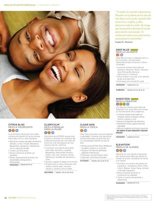 *Estas declaraciones no han sido evaluadas por la Administración de Drogas y
Alimentos (FDA). Este producto no es para diagnosticar, tratar, curar o prevenir .
enfermedades.
22 BIENESTAR ESENCIAL
MEZCLAS DE ACEITES ESENCIALES | citrus bliss—serenity
“Yoaplicolamezclarespiratoria
Breatheenlaplantadelospiesde
mishijosenlanochecuandoellos
tienentosoresfrío,yellos
duermentodalanoche.Notengo
quelevantarlosdurantelanoche
paradarlesmásjarabe.Yo
realmenteadoroestaalternativa
naturalparamifamilia.”
Angela M., Montana
Citrus Bliss
MEZCLA VIGORIZANTE
A T N
La armoniosa mezcla de Citrus Bliss
combina los beneficios de los aceites
esenciales cítricos más populares.
•	Mezcla los aceites naturales de Naranja
Silvestre, Limón, Toronja, Mandarina,
Bergamota, mandarina y Clementina
con un toque de vainilla
•		Limpia y purifica el aire
•		Ayuda a disminuir el estrés y la
ansiedad
•		Afecta positivamente el ánimo con
propiedades energizantes y
refrescantes
31020001 botella de 15 ml
ClaryCalm™
MEZCLA MENSUAL
PARA LA MUJER
A T N
ClaryCalm de dōTERRA ayuda a las
mujeres a controlar los síntomas del
síndrome premestrual y las fases de
transición a la menopausia de una
manera natural y efectiva
•	Contienen una mezcla de aceites
esenciales de Salvia, Lavanda,
Bergamota, Manzanilla Romana,
Cedro, Ylan Ylan, Geranio, Hinojo,
Palmarosa, Semillas de Zanahora y
Vitex
•		Ayuda a regular el balance hormonal
•		Proporciona un alivio temporal a los
dolores menstruales, nauseas,
calores y cambios emocionales
35270001 botella roll-on de 10 ml
CLEAR SKIN
MEZCLA TÓPICA
T N
Clear Skin promueve una piel radiante
y saludable. Contiene una mezcla de
aceites esenciales reconocidos por
sus propiedades benéficas para la
piel.
•	Mezcla única de Palo Rosa, Melaleuca,
Eucalipto, Geranio y Limoncillo
•		Ayuda a controlar las glándulas
sebáceas hiperactivas
•		Promueve una piel limpia y tersa
•		Calma las irritaciones de la piel
37170001 botella roll-on de 10 ml
Deep Blue® más vendido
MEZCLA CALMANTE
ST
Deep Blue brinda un relajante alivio a
los músculos y aticulaciones
adoloridas proporcionando un alivio
inmediato.
•	Contiene Aceites Esenciales de
Gaulteria, Alcanfor, Menta, Tanaceto
Azul, Manzanilla Alemana,
Helichrysum y Osmanto
•		Alivia el dolor muscular y los dolores
de las articulaciones
•		Promueve una circulación sana
31050001 botella de 5 ml
31380001 botella roll-on de 10 ml
DigestZen® más vendido
MEZCLA DIGESTIVA
A T I N
Los famosos aceites esenciales de
DigestZen son conocidos por brindar
un reconfortante alivio digestivo.
•	Contiene Aceites Esenciales de
Jengibre, Menta, Estragón, Hinojo,
Comino, Cilantro y Anís
•		Ayuda a la digestión de alimentos
•		Mantiene el tracto gastrointestinal
saludable
•		Alivia el malestar estomacal ocasional
Ver página 41 para DigestZen Cápsulas
Blandas
31030001 botella de 15 ml
Elevation™
MEZCLA DE ALEGRÍA
A T N
Elevation es una mezcla compuesta
por aceites esenciales que elevan el
estado de ánimo, revitalizan la mente
y el cuerpo.
•	Contiene una mezcla de aceites de
Lavandina , mandarina, Elemí, Mirto
Limón, Melissa, Ylang Ylang, Osmato
y Sándalo Hawaiano
•		Eleva el estado de ánimo e
incrementa la vitalidad
•		Tiene un aroma energizante y
refrescante
31040001 botella de 15 ml
 