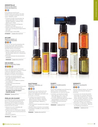 23doterra.com
mezclasdeaceitesESENCIAles
Immortelle
MEZCLA DE ANTI-
ENVEJECIMIENTO
T N
Esta poderosa mezcla anti-
envejecimiento de aceites naturales
nutre y protege la piel para una tes
suave, radiante y joven
•	Contiene el poder rejuvenecedor de
aceites esenciales únicos: Incienso,
Sándalo Hawaiano, Lavanda, Mirra,
Helichrysum Y Rosa
•		Reduce la apariencia de líneas de
expresión y arrugas
•		Ayuda a reducir la inflamación, un
factor que contribuye al envejecimiento
de la piel
•		Ayuda la piel a nivel celular
37140001 botella roll-on de 10 ml
Intune™
MEZCLA PARA LA
CONCENTRACIÓN
A T N
InTune es una mezcla propietaria de
aceites esenciales seleccionados
cuidadosamente para promover la
claridad mental y el enfoque.
•	Mejora y mantiene el enfoque
•		Ayuda a aquellas personas que se les
dificulta prestar atención y mantenerse
enfocados
•		Promueve procesos de pensamientos
saludables
41840001 botella roll-on de 10 ml
On Guard®
MEZCLA PROTECTORA
A T I S
Con su distintivo aroma, On Guard
ofrece una alternativa fragante, natural
y efectiva, diferente a las otras
opciones sintéticas, que ayudan a
fortalecer el sistema inmunológico.
•	Contiene una mezcla de aceites
esenciales de Naranja Silvestre, Clavo,
Eucalipto y Romero
•		Formulado para frotalecer al sistema
inmunológico
•		Protege contra las amenazas
ambientales
•		Seguro en superficies de la cocina como
como limpiador no tóxico o para
purificar el aire a través de la difusión.
	 Ver página 41 para On Guard +
Cápsulas Blandas.
31100001 Botella de 15 ml
Perlas On Guard®
Las Perlas On Guard son una manera
fácil y conveniente de obtener los
beneficios para fortalcer el sistema
inmunológico que ofrece la mezcla
protectora de On Guard.
•	Apoya la función saludable del
sistema inmunológico
•		Proporciona un conveniente método
del consumo de la mezcla protectora
On Guard
•		Refresca el aliento
35410001 125 perlas
PASTTENSE®
MEZCLA CONTRA LA
TENSIÓN
A T N
PastTense es una mezcla única de
aceites esenciales conocidos por
reducir los malestares asociados con
la tensión y el estrés.
•	Contiene una mezcla de aceites
esenciales de Gaulteria, Lavanda,
Menta, Incienso, Cilantro, Mejorana,
Manzanilla Romana, Albahaca y
Romero
•		Alivia la tensión muscular de la cabeza
y el cuello
•		Ayuda a reducir el estrés y la ansiedad.
•		Envasado en botella con roll-on de facil
aplicación
31350001 botella roll-on de 10 ml
Purify
MEZCLA PURIFICANTE
A T N
Purify está diseñado para eliminar los
olores y otros contaminantes,
naturalmente y sin aditivos tóxicos.
•	Contiene una mezcla de Aceites
Esenciales de Limón, Lima, Pino,
Citronela, Melaleuca y Cilantro
•		Su aroma refrescante ellimina los olores
desagradables y purifica el aire
•		Protege contra las amenazas
ambientales
31060001 botella de 15 ml
Serenity
MEZCLA CALMANTE
A T N
Serenity relaja la mente y el cuerpo,
creando una sensación de paz y
bienestar.
•	Contiene una mezcla de Aceites
Esenciales de Lavanda, Mejorana
Dulce, Manzanilla Romana, Ylang
Ylang, Sándalo Hawaiano y vainilla
•		Crea un ambiente perfecto con su
apacible fragancia renovadora.
•		Promueve un descanso reparador
•		Dispersa un sutil aroma, ideal por
sus beneficios aromáticos
31090001 botella de 15 ml
 