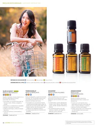 *Estas declaraciones no han sido evaluadas por la Administración de Drogas y
Alimentos (FDA). Este producto no es para diagnosticar, tratar, curar o prevenir .
enfermedades.
24 BIENESTAR ESENCIAL
MEZCLA DE ACEITES ESENCIALES | sLim  sassy—Deep Blue® Rub
SLIM  SASSY® más vendido
MEZCLA METABÓLICA
A T I S
Ayuda a mantener el peso ideal con su
formula patentada de eceites
esenciales Slim  Sassy
•	Formulado con Aceites Naturales de
Toronja, Limón, Menta, Jengibre y
Canela
•		Promueve un metabolismo saludable
•		Ayuda a controlar los antojos
•		Calma el estómago y eleva el estado
de ánimo
•		Libre de diuréticos, estimulantes y
calorías
31370001 botella de 15 ml
TerraShield®
MEZCLA REPELENTE
A T N
Solo una pequeña y superconcentrada
cantidad de TerraShield proporciona
una poderosa protección con una
duración de hasta seis horas.
•	Formulado con una exclusiva mezcla
cuidadosamente balanceada a base de
Aceite de Coco Fraccionado 100% puro
•		Repele insectos más eficazmente que
cualquier otro repelente sintético
•		Es seguro para todos los miembros de
la familia
31190001 botella de 15 ml
Whisper™
MEZCLA PARA MUJERES
A T N
Crea una deliciosa y única fragancia
personal con las esencias más
llamativas de los aceites esenciales
CPTG®
•	Contiene Rosa, Jazmín, Bergamota,
Canela, Cistus, Vetiver, Ylang Ylang,
Cacao, Vainilla, Sándalo Hawaiano y
Pachuli
•		Se combina la química de cada
individuo creando una fragancia
deliciosa, única y personal
31080001 botella de 5 ml
zendocrine®
MEZCLA DE
DESINTOXICACIÓN
A T I S
Apoye el sistema natural de
desintoxicación de su cuerpo con
Zendocrine.
•	Cuenta con una mezcla única
patentada de aceites esenciales de
Clavo, Toronja, Romero y Geranio
•		Apoya la función del hígado.
•		Puede usarse solo o en combinación
con elComplejo Desintoxicante
zendocrine
31460001 15 mL bottle
MÉTODOS DE APLICACIÓN A Para uso aromático T Para uso tópico I Para uso interno
SENSIBILIDAD DE LA PIEL N Puede ser usado tópicamente sin diluir S Diluya para piel joven o sensible D Diluya antes de usar tópicamente
 