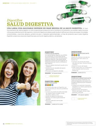 *Estas declaraciones no han sido evaluadas por la Administración de Drogas y
Alimentos (FDA). Este producto no es para diagnosticar, tratar, curar o prevenir .
enfermedades.
zendocrine®
MEZCLA desintoxicante
A T I N
Ayude a los sistemas naturales de
desintoxicación del cuerpo con
Zendocrine.
•	Contiene una mezcla de aceites
naturales de Clavo, Toronja, Romero
y Geranio
•	Apoya la función del hígado
•	Puede usarse solo o en combinación
con el complejo desintoxicante
Zendocrine
31460001 botella de 15 mL
ZENDOCRINE®
complejo desintoxicante
Ayude a los sistemas de filtración y de
control de desperdicios del cuerpo con el
Complejo de Desintoxicación Porpietaria
Zendocrine.
•	Contiene una mezcla de 14 extractos
integrales en un sistema patentado de
envío de enzimas
•	Apoya la función de limpieza y
filtración del hígado, riñones, colon,
pulmones y de la piel
35120001 60 cápsulas vegetales
CPsulas vegetales
LIBRES DE SLS
DigestZen®
Cápsulas Blandas
Las Cápsulas Blandas DigestZen de dōTERRA
son convenientes y es una manera fácil de
obtener los beneficios de la mezcla de aceites
propietaria DigestZen. Cada cápsula blanda
vegetariana contiene 120 mg de DigestZen, la
mezcla de aceite que conoce y confía para su
salud digestiva.
•	Alivia el malestar estomacal y ayuda con la
indigestión
•	Apoya la función saludable del aparato
gastrointestinal
•	Promueve una digestión saludable
35430001 60 cápsulas blandas
DigestZen® top seller
Digestive Blend
A T I N
Los aceites esenciales de DigestZen son
muy reconocidos por aliviar los problemas
digestivos.
•	Contiene una mezcla de aceites esenciales
de Jengibre, Menta, Estragón, Hinojo,
Alcaravea, Cilantro y Anís
•	Ayuda a la digestión de alimentos
•	Mantiene una sistema gastrointestinal
saludable
•	Alivia los malestares estomacales
ocasionales
31030001 botella de 15 mL bottle
HECHO CON CÁPSULAS
BLANDAS VEGETALES
Bienestar | Cápsulas Blandas digestzen – pb assist +
44 BIENESTAR ESENCIAL
DigestZen
SALUD DIGESTIVA
UNA LARGA VIDA SALUDABLE DEPENDE EN GRAN MEDIDA DE LA SALUD DIGESTIVA. Un buen
funcionamiento del sistema digestivo no solo es esencial para la absorción de los nutrientes en los alimentos, sino también realiza funciones
críticasparaladesintoxicacióndelorganismo.Unafuncióndigestivaenpeligropuederesultarendeficienciascrónicasdeenergía,inmunidades
comprometidas y reacciones alérgicas, aumento de peso y malestares gastrointestinales. La línea de productos para la salud digestiva
DigestZen proporciona soluciones específicas para una función digestiva óptima y de bienestar.
 