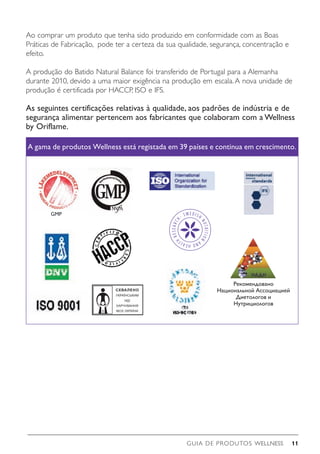 GUIA DE PRODUTOS WELLNESS 11
Ao comprar um produto que tenha sido produzido em conformidade com as Boas
Práticas de Fabricação, pode ter a certeza da sua qualidade, segurança, concentração e
efeito.
A produção do Batido Natural Balance foi transferido de Portugal para a Alemanha
durante 2010, devido a uma maior exigência na produção em escala. A nova unidade de
produção é certificada por HACCP, ISO e IFS.
As seguintes certificações relativas à qualidade, aos padrões de indústria e de
segurança alimentar pertencem aos fabricantes que colaboram com a Wellness
by Oriflame.
GMP
A gama de produtos Wellness está registada em 39 países e continua em crescimento.
Рекомендовано
Национальной Ассоциацией
Диетологов и
Нутрициологов
 