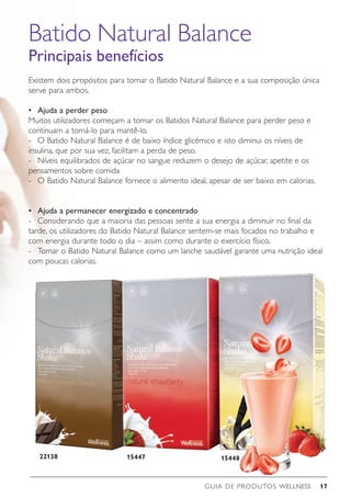 GUIA DE PRODUTOS WELLNESS 17
Batido Natural Balance
Principais benefícios
15447 15448
Existem dois propósitos para tomar o Batido Natural Balance e a sua composição única
serve para ambos.
•	 Ajuda a perder peso
Muitos utilizadores começam a tomar os Batidos Natural Balance para perder peso e
continuam a tomá-lo para mantê-lo.
-	 O Batido Natural Balance é de baixo índice glicémico e isto diminui os níveis de
insulina, que por sua vez, facilitam a perda de peso.
-	 Níveis equilibrados de açúcar no sangue reduzem o desejo de açúcar, apetite e os
pensamentos sobre comida
-	 O Batido Natural Balance fornece o alimento ideal, apesar de ser baixo em calorias.
•	 Ajuda a permanecer energizado e concentrado
-	 Considerando que a maioria das pessoas sente a sua energia a diminuir no final da
tarde, os utilizadores do Batido Natural Balance sentem-se mais focados no trabalho e
com energia durante todo o dia – assim como durante o exercício físico.
-	 Tomar o Batido Natural Balance como um lanche saudável garante uma nutrição ideal
com poucas calorias.
22138
 