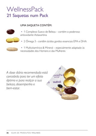 GUIA DE PRODUTOS WELLNESS36
UMA SAQUETA CONTÉM:
•	 1 Complexo Sueco de Beleza – contém o poderoso
antioxidante Astaxantina
•	 2 Ómega 3 - contêm ácidos gordos essenciais EPA e DHA
•	 1 Multivitamínico  Mineral – especialmente adaptado às
necessidades dos Homens e das Mulheres
WellnessPack	
21 Saquetas num Pack
A dose diária recomendada está
concebida para ter um efeito
óptimo e para realçar a sua
beleza, desempenho e
bem-estar.
 